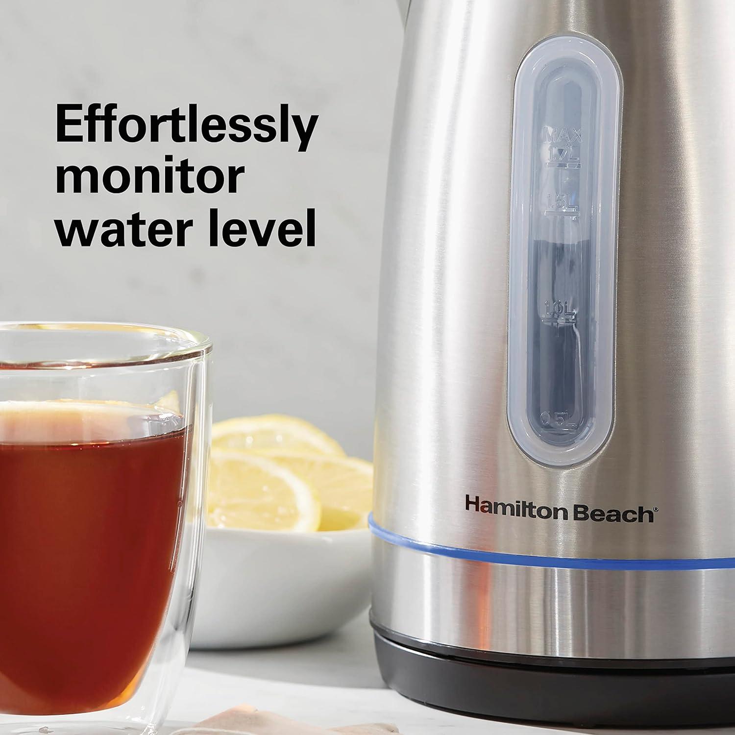 imageHamilton Beach Electric Tea Kettle Water Boiler amp Heater 17 Liter Cordless Serving 1500 Watts for Fast Boiling AutoShutoff and BoilDry Protection Stainless Steel with LED Light Ring 41037Stainless Steel with LED Light Ring