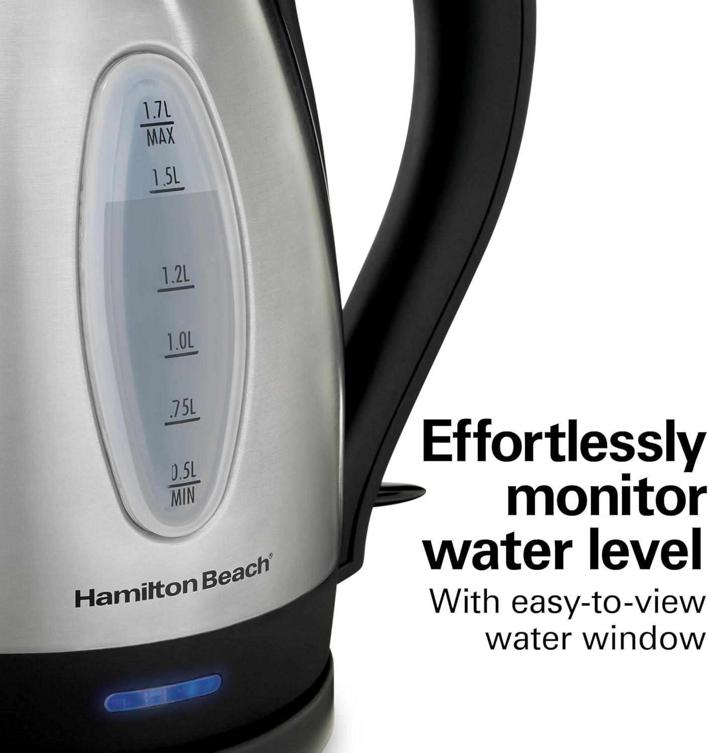 imageHamilton Beach Electric Tea Kettle Water Boiler amp Heater 17 Liter Cordless Serving 1500 Watts for Fast Boiling AutoShutoff and BoilDry Protection Stainless Steel 40880BPA Free Stainless Steel