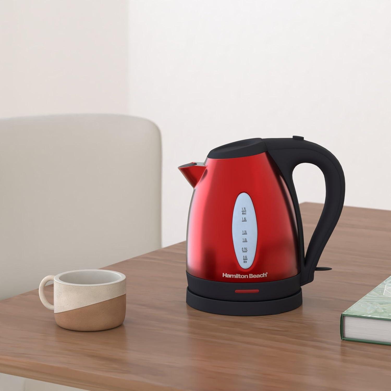 imageHamilton Beach Electric Tea Kettle Water Boiler amp Heater 17 Liter Cordless Serving 1500 Watts for Fast Boiling AutoShutoff and BoilDry Protection Stainless Steel 40880BPAFree Red