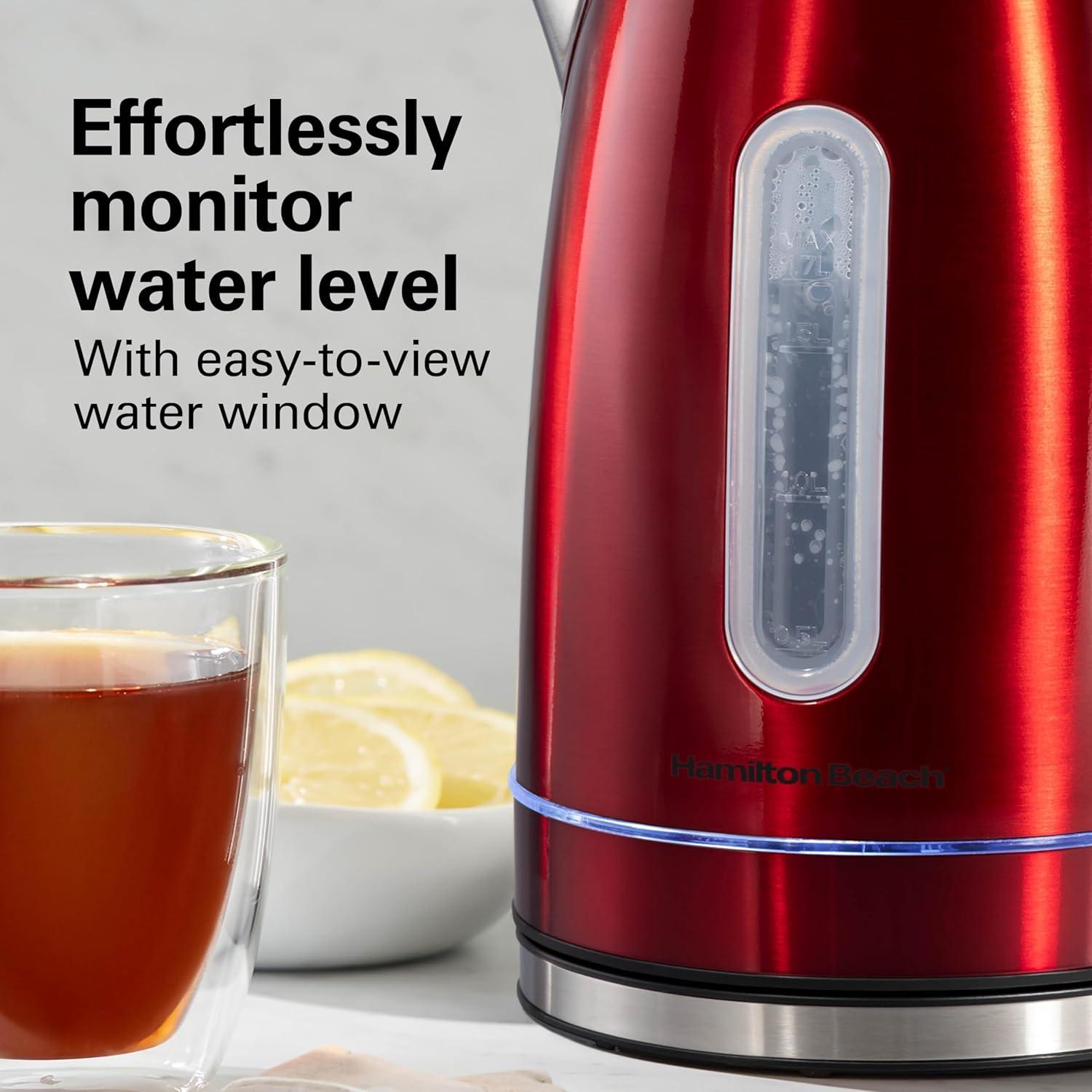 imageHamilton Beach Electric Tea Kettle Water Boiler amp Heater 17 Liter Cordless Serving 1500 Watts for Fast Boiling AutoShutoff and BoilDry Protection Stainless Steel with LED Light Ring 41037Red with LED Light Ring