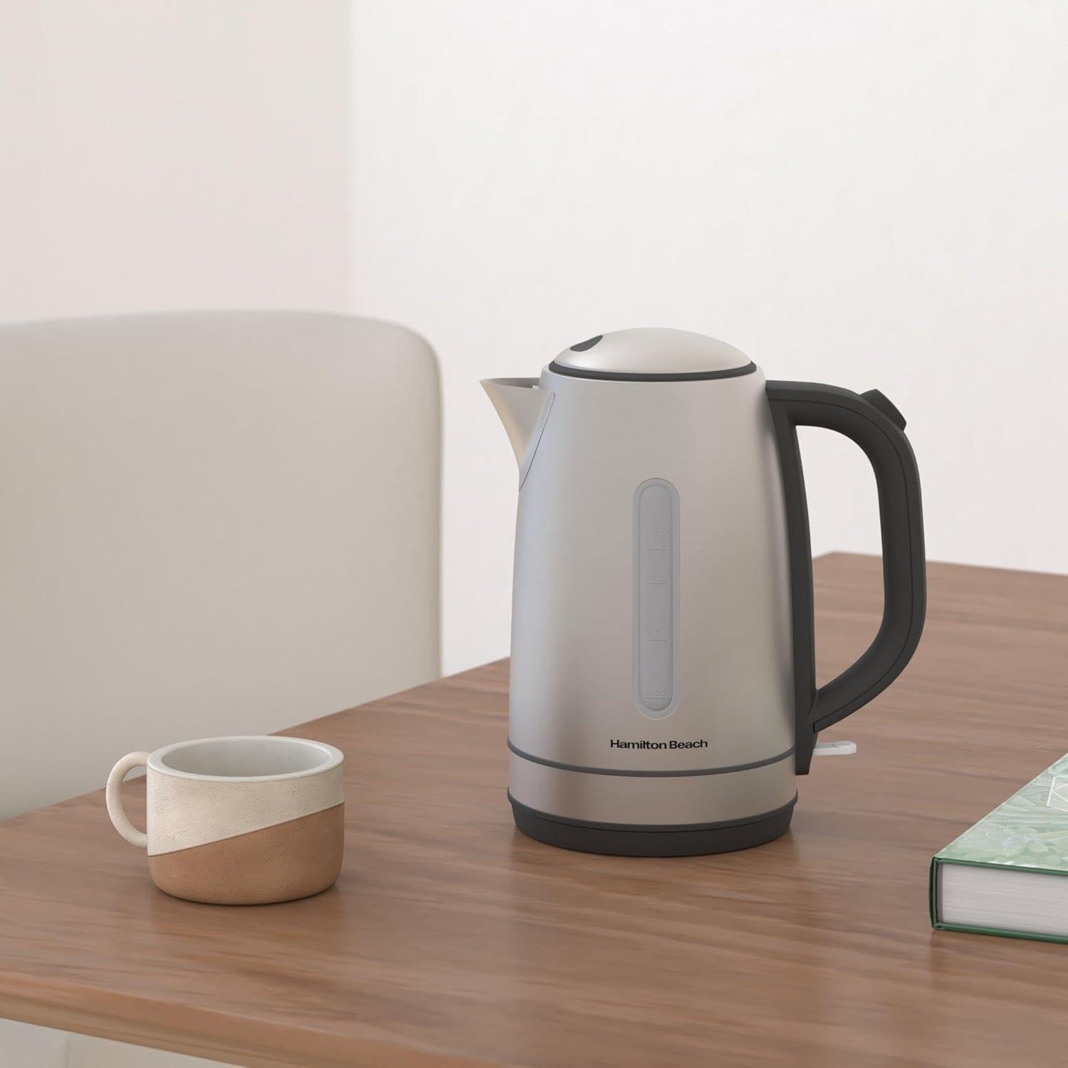 imageHamilton Beach Electric Tea Kettle Water Boiler amp Heater 17 Liter Cordless Serving 1500 Watts for Fast Boiling AutoShutoff and BoilDry Protection Stainless Steel with LED Light Ring 41037Stainless Steel with LED Light Ring