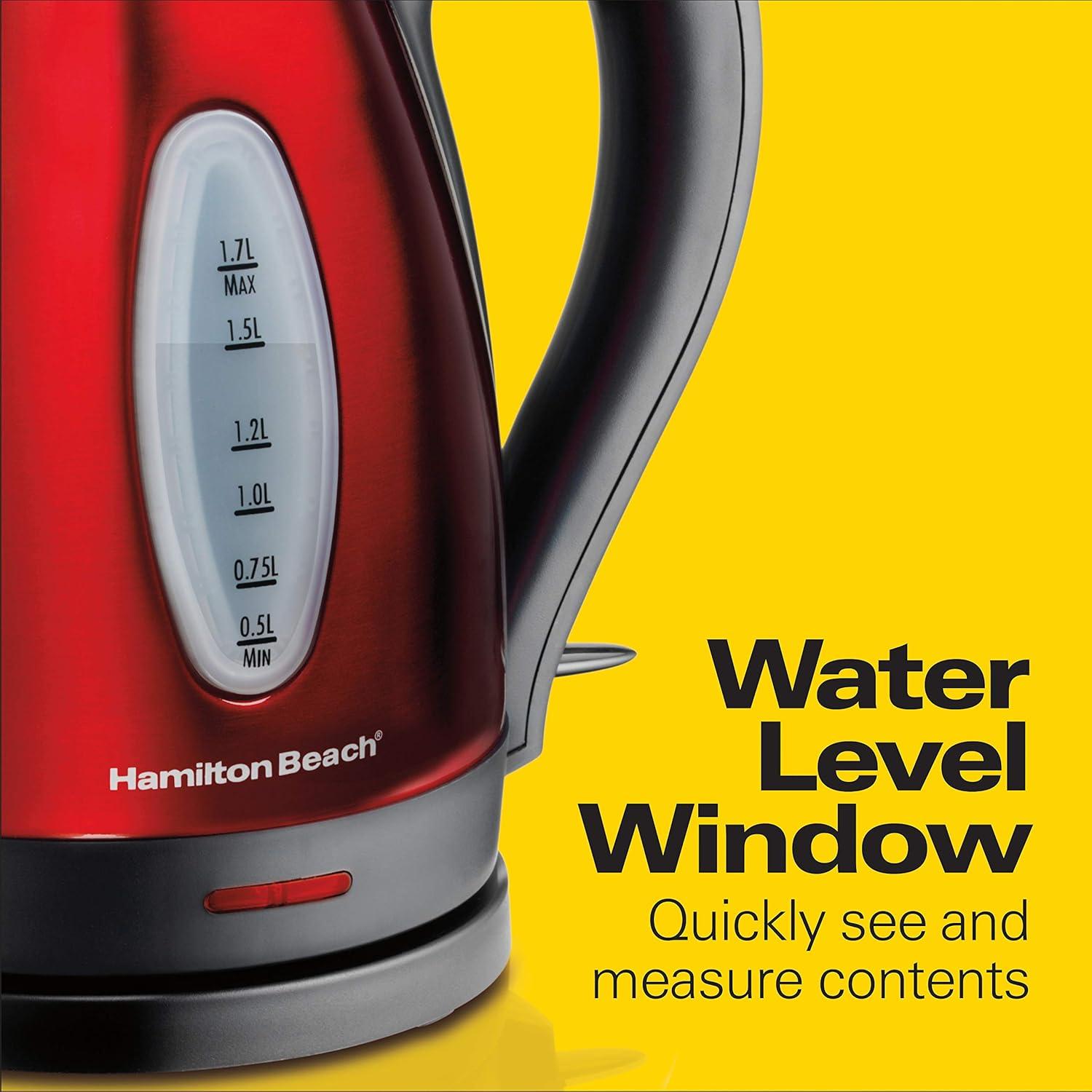 imageHamilton Beach Electric Tea Kettle Water Boiler amp Heater 17 Liter Cordless Serving 1500 Watts for Fast Boiling AutoShutoff and BoilDry Protection Stainless Steel 40880BPAFree Red