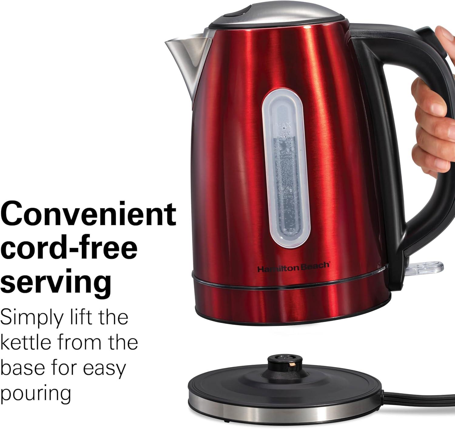 imageHamilton Beach Electric Tea Kettle Water Boiler amp Heater 17 Liter Cordless Serving 1500 Watts for Fast Boiling AutoShutoff and BoilDry Protection Stainless Steel with LED Light Ring 41037Red with LED Light Ring