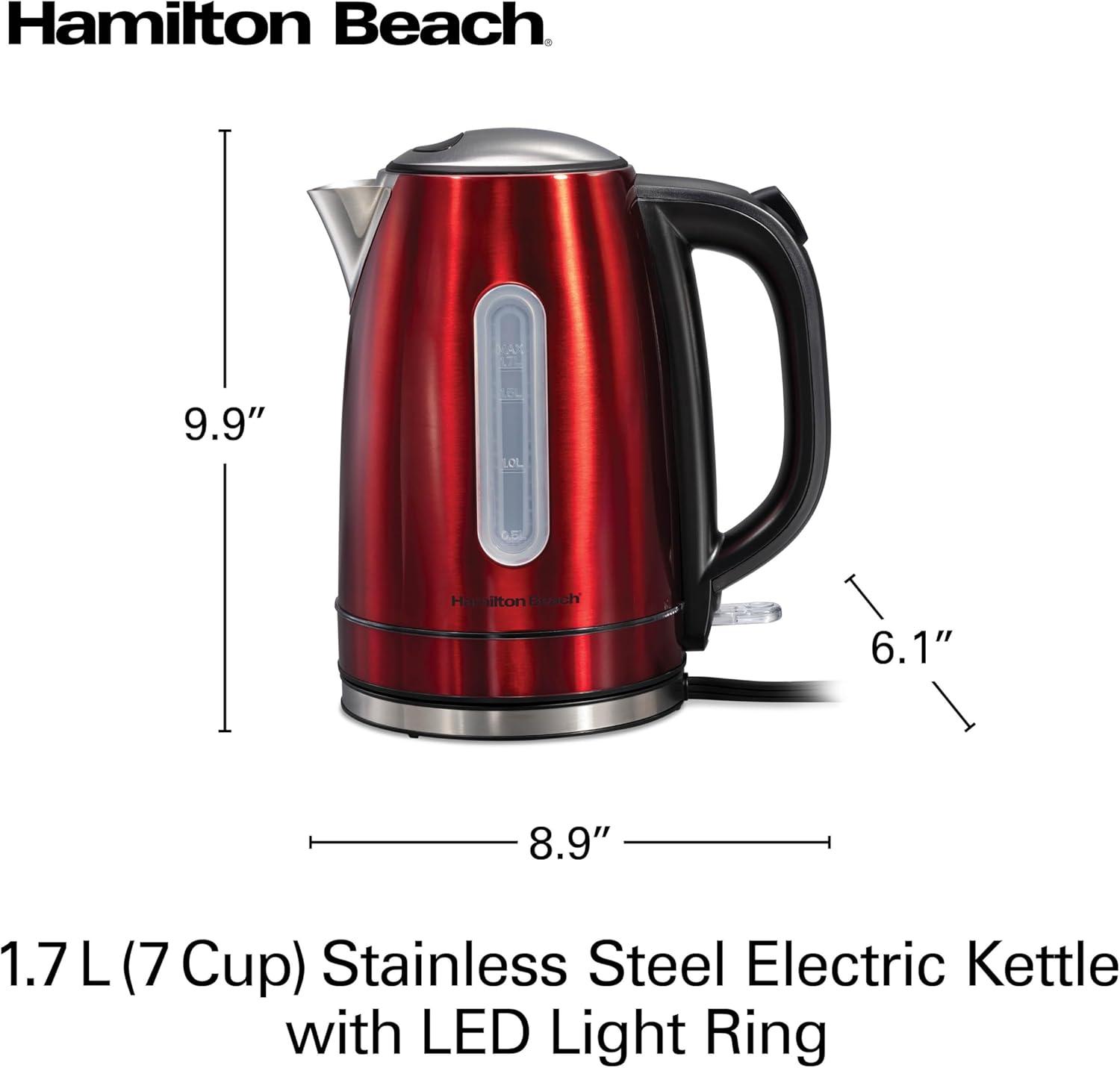 imageHamilton Beach Electric Tea Kettle Water Boiler amp Heater 17 Liter Cordless Serving 1500 Watts for Fast Boiling AutoShutoff and BoilDry Protection Stainless Steel with LED Light Ring 41037Red with LED Light Ring