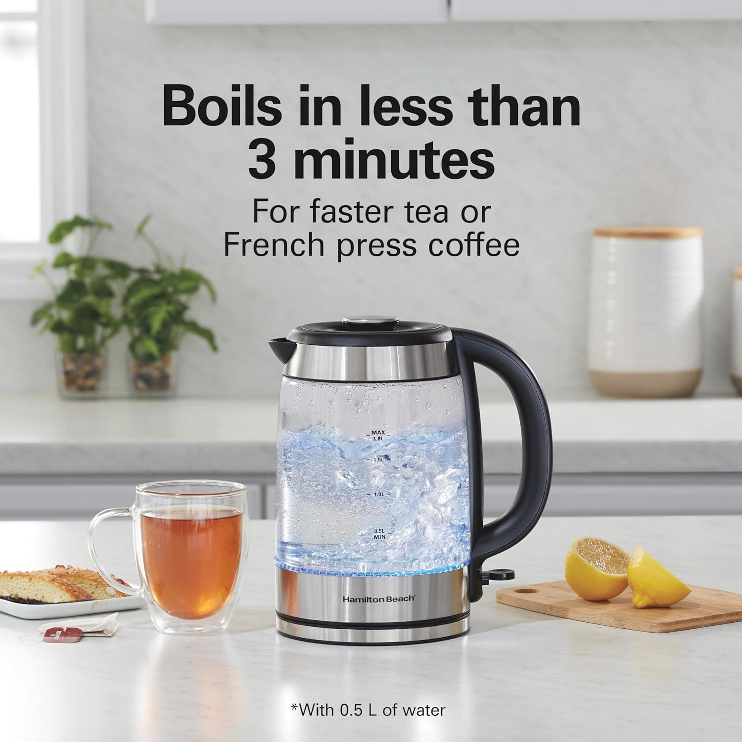 imageHamilton Beach Electric Tea Kettle Water Boiler amp Heater 18 Liter Cordless Serving 1500 Watts for Fast Boiling AutoShutoff and BoilDry Protection EasyView Glass 40853C