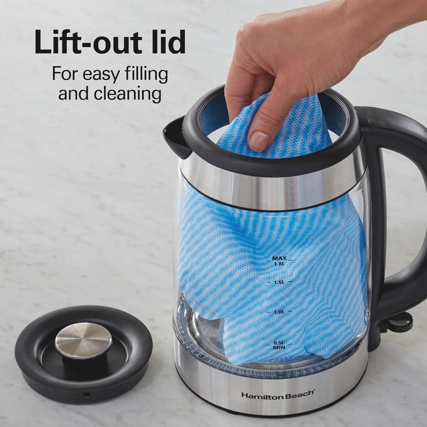 imageHamilton Beach Electric Tea Kettle Water Boiler amp Heater 18 Liter Cordless Serving 1500 Watts for Fast Boiling AutoShutoff and BoilDry Protection EasyView Glass 40853C