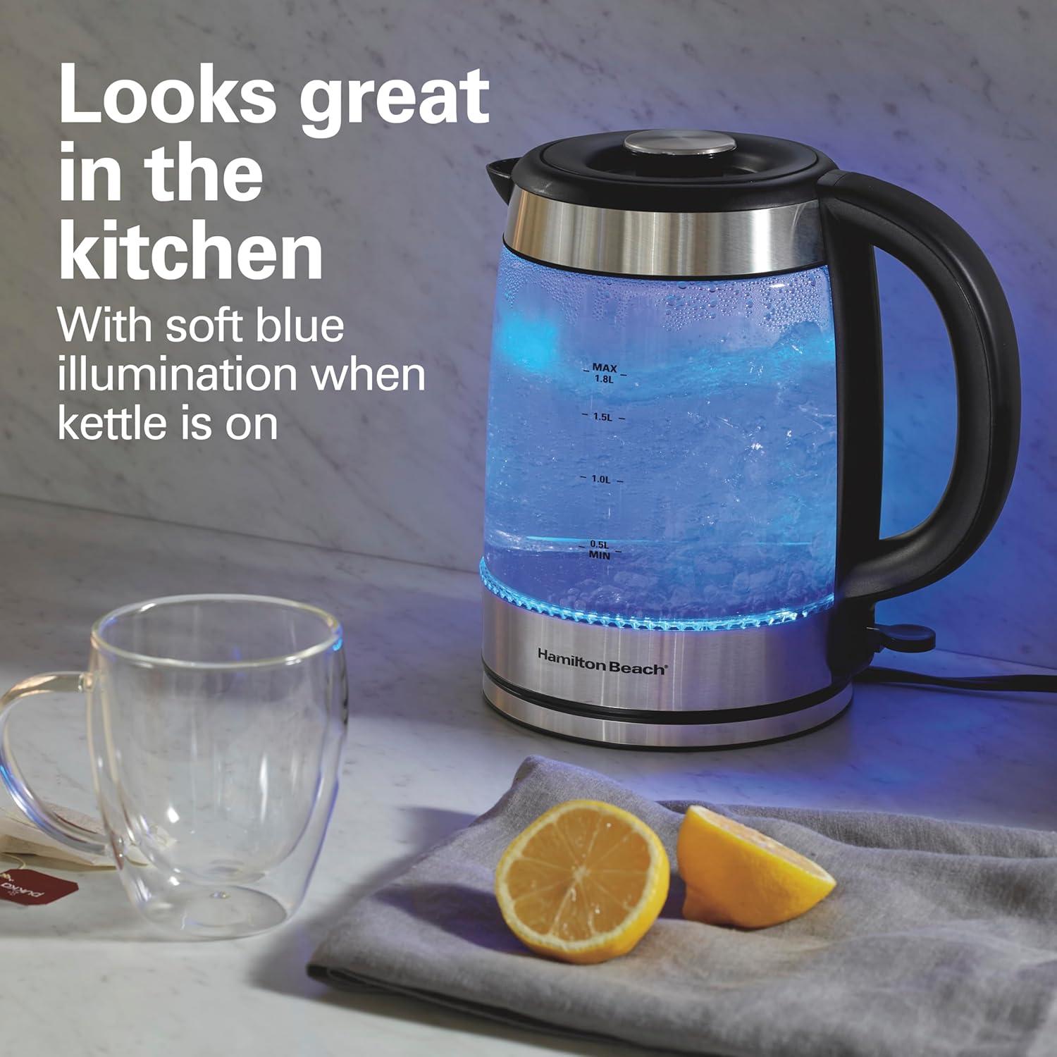 imageHamilton Beach Electric Tea Kettle Water Boiler amp Heater 18 Liter Cordless Serving 1500 Watts for Fast Boiling AutoShutoff and BoilDry Protection EasyView Glass 40853C