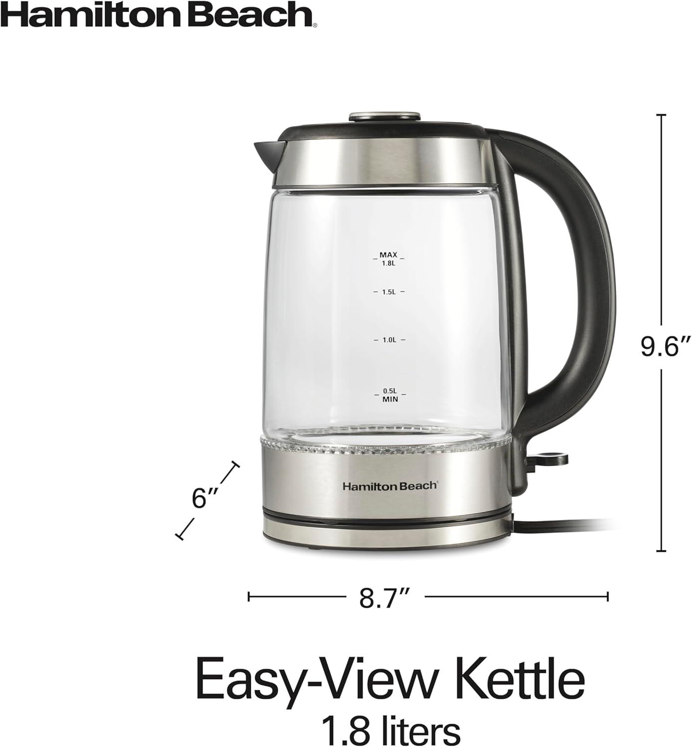 imageHamilton Beach Electric Tea Kettle Water Boiler amp Heater 18 Liter Cordless Serving 1500 Watts for Fast Boiling AutoShutoff and BoilDry Protection EasyView Glass 40853C