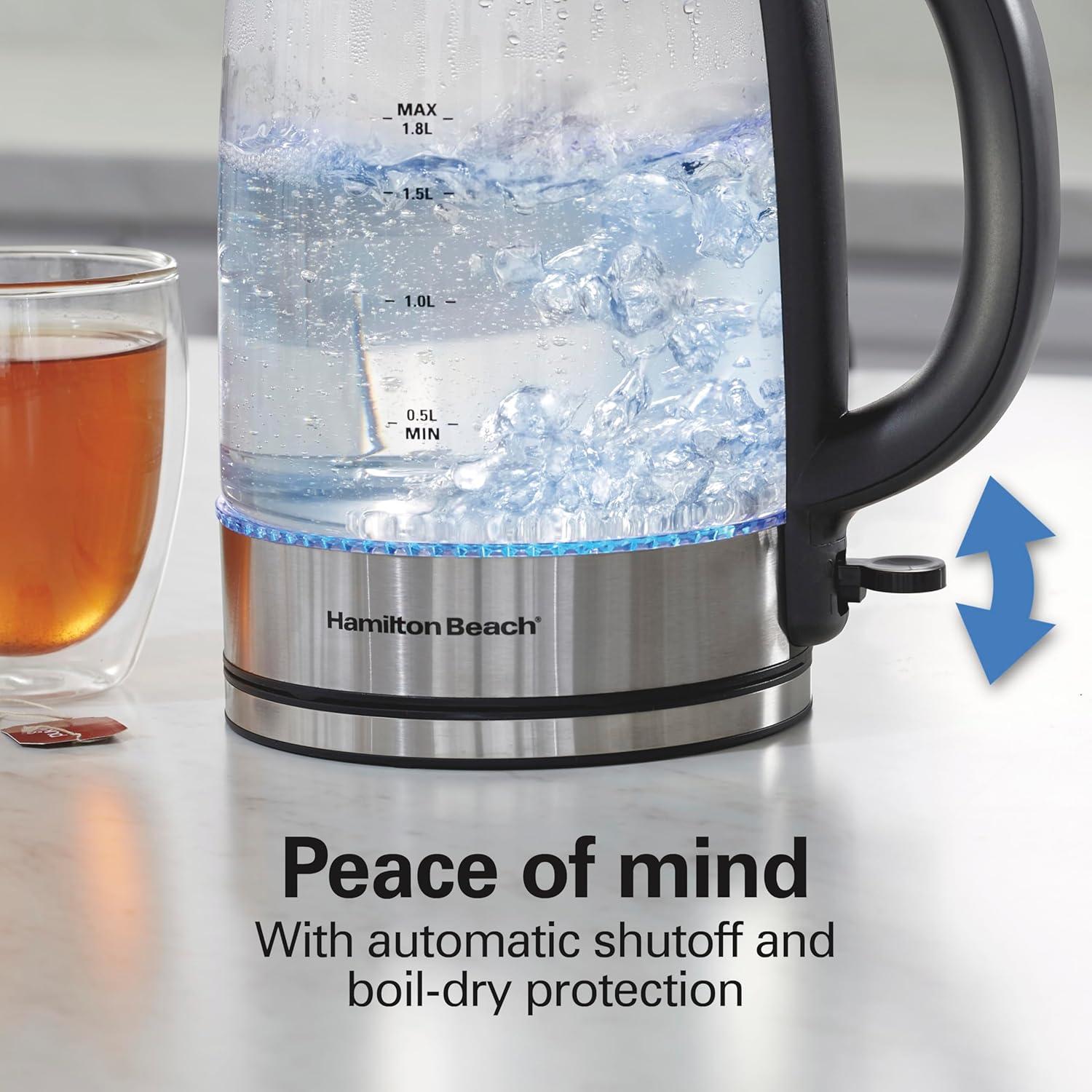 imageHamilton Beach Electric Tea Kettle Water Boiler amp Heater 18 Liter Cordless Serving 1500 Watts for Fast Boiling AutoShutoff and BoilDry Protection EasyView Glass 40853C