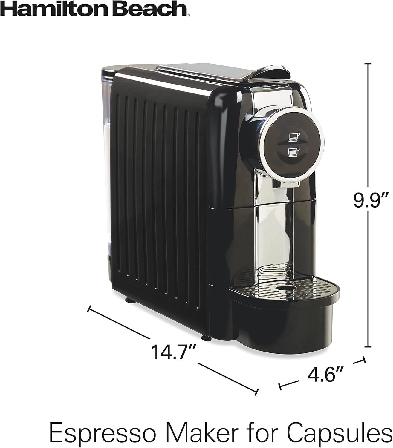 imageHamilton Beach Espresso Machine Compatible with Nespresso Pods Single Serve Coffee Maker Powerful Italian 19 Bar Pump 22 oz Water Reservoir Custom Cup Size Holds 13 Capsules Black 40726Black