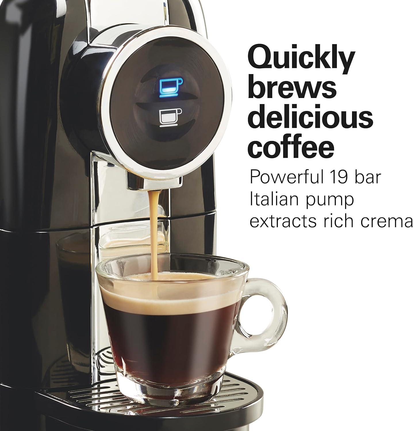 imageHamilton Beach Espresso Machine Compatible with Nespresso Pods Single Serve Coffee Maker Powerful Italian 19 Bar Pump 22 oz Water Reservoir Custom Cup Size Holds 13 Capsules Black 40726Black