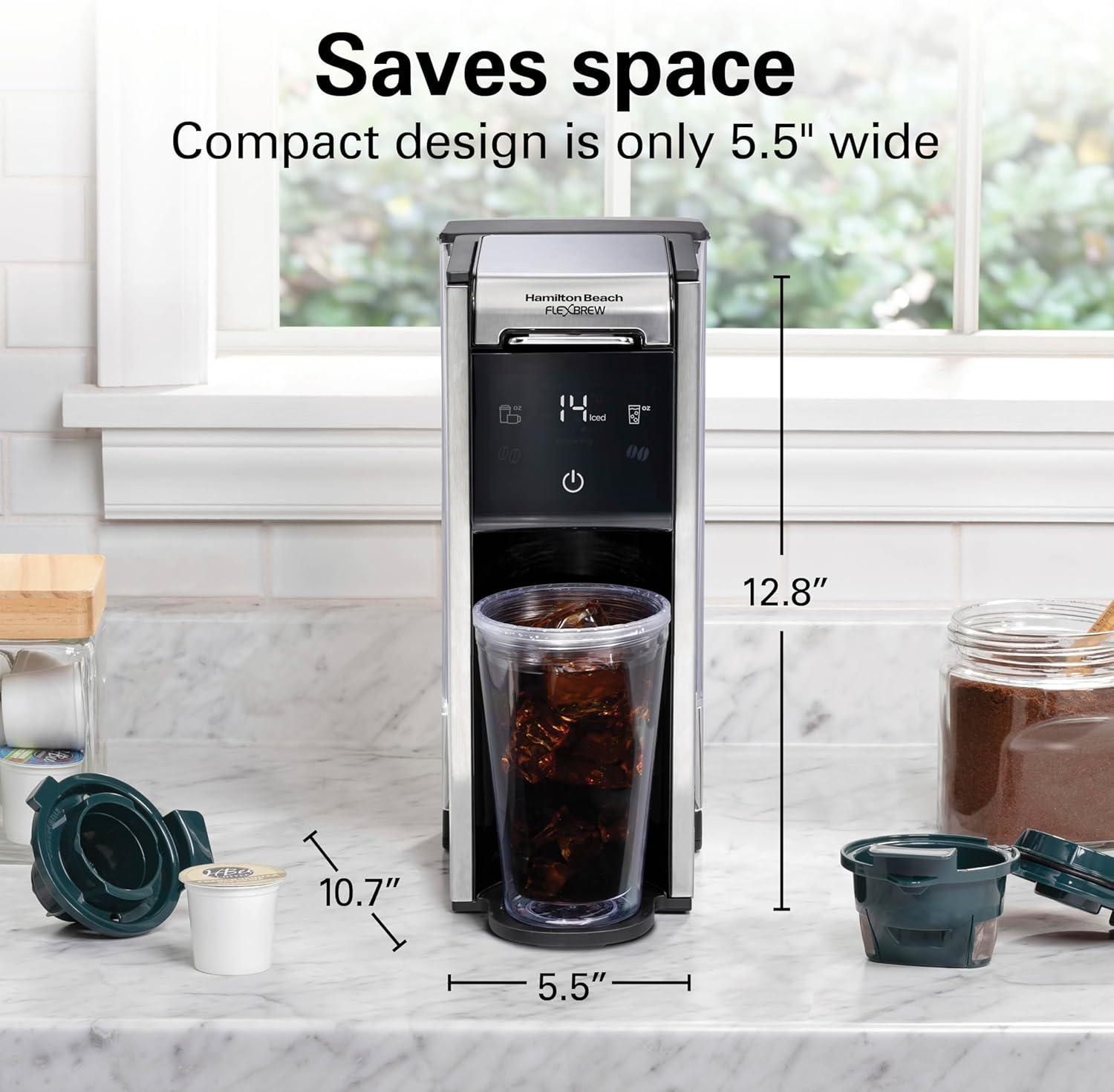 imageHamilton Beach FlexBrew Advanced 4in1 Single Serve Hot amp Iced Coffee Maker with Removable 45 oz Water Reservoir Use Pod Packs and Grounds Fast Brewing LED Touchscreen Black 49925