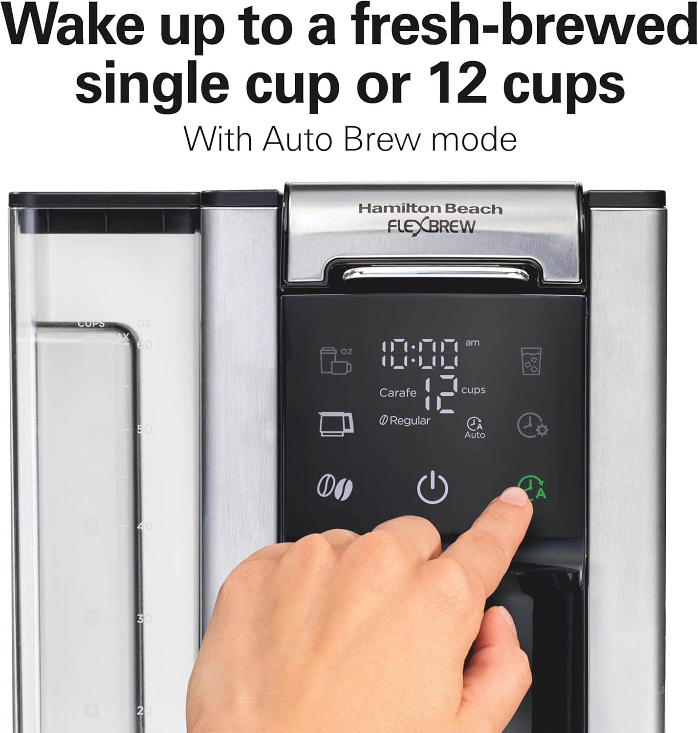 imageHamilton Beach FlexBrew Advanced 5in1 Programmable 12 Cup Drip and Single Serve Hot amp Iced Coffee Maker with Movable 60 oz Water Reservoir Use Pod Packs and Grounds Fast Brewing Black 49924