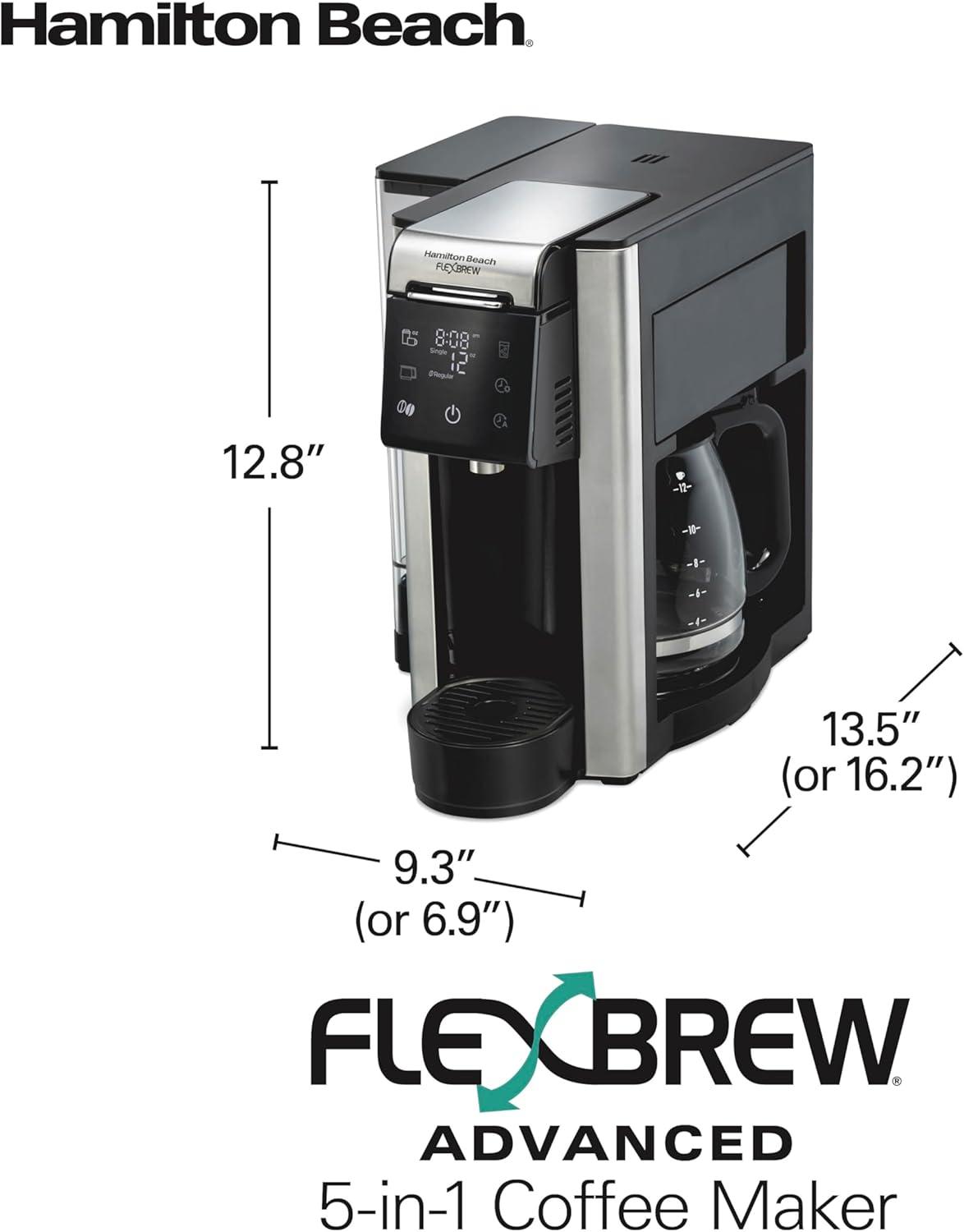 imageHamilton Beach FlexBrew Advanced 5in1 Programmable 12 Cup Drip and Single Serve Hot amp Iced Coffee Maker with Movable 60 oz Water Reservoir Use Pod Packs and Grounds Fast Brewing Black 49924