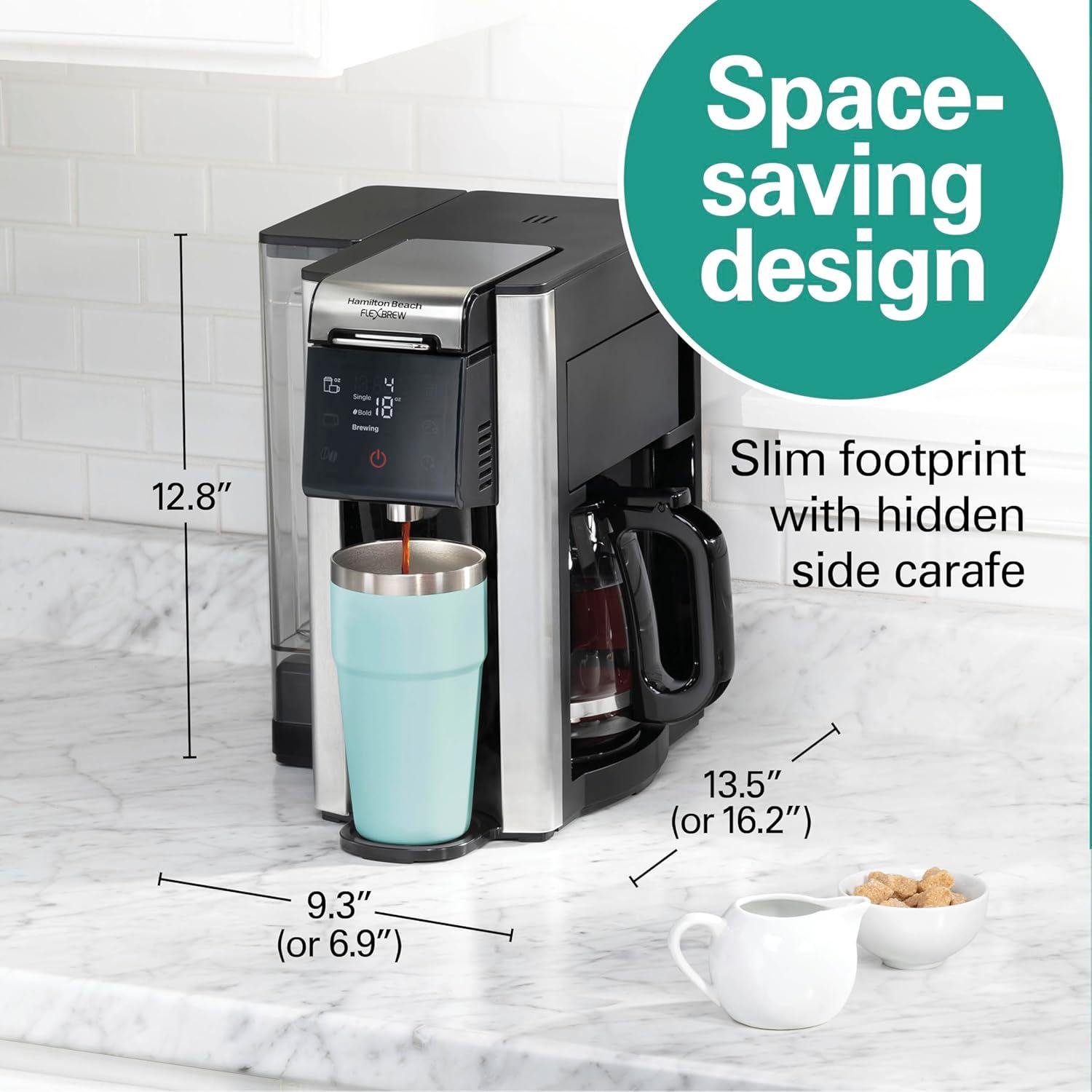imageHamilton Beach FlexBrew Advanced 5in1 Programmable 12 Cup Drip and Single Serve Hot amp Iced Coffee Maker with Movable 60 oz Water Reservoir Use Pod Packs and Grounds Fast Brewing Black 49924