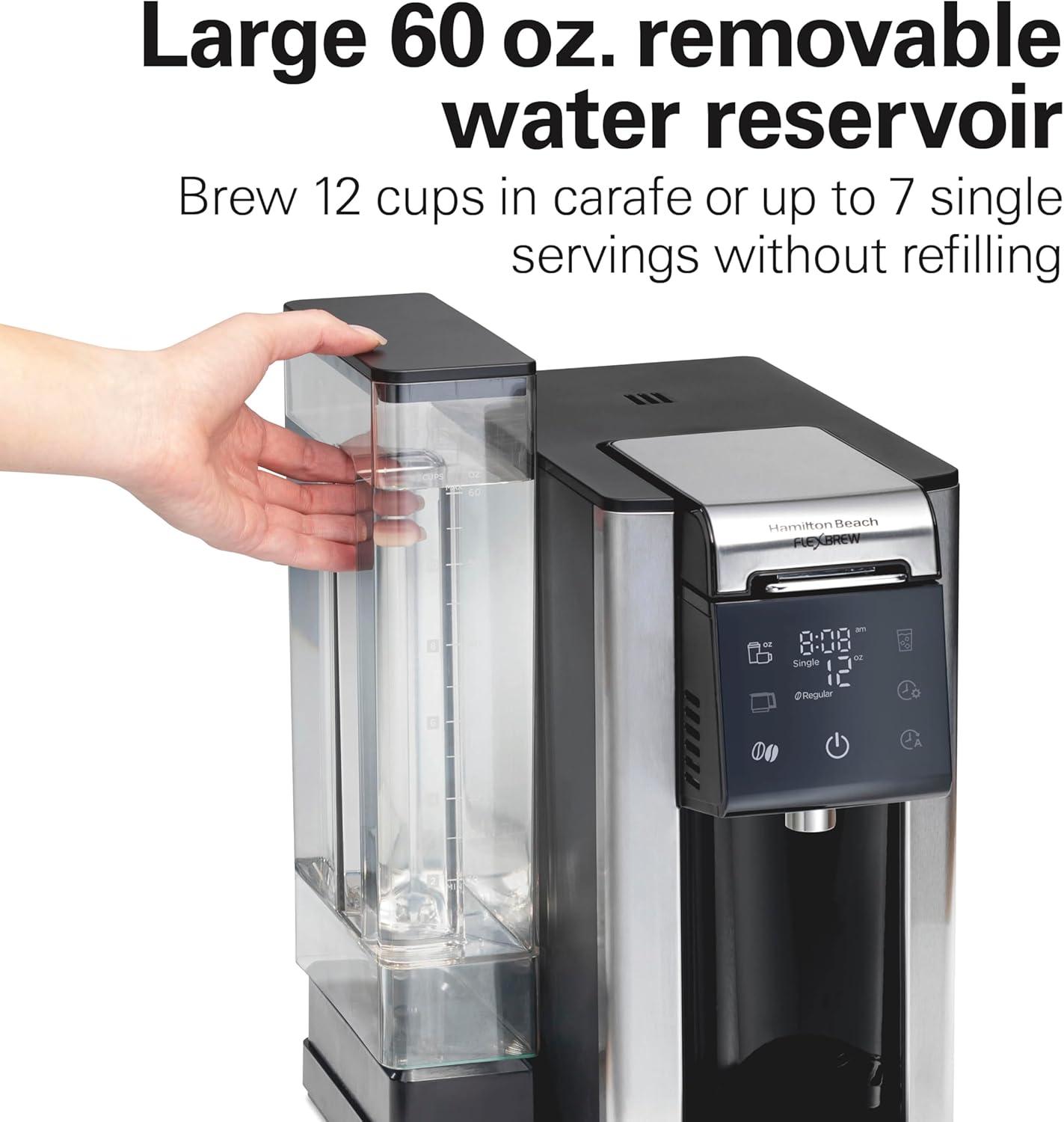 imageHamilton Beach FlexBrew Advanced 5in1 Programmable 12 Cup Drip and Single Serve Hot amp Iced Coffee Maker with Movable 60 oz Water Reservoir Use Pod Packs and Grounds Fast Brewing Black 49924