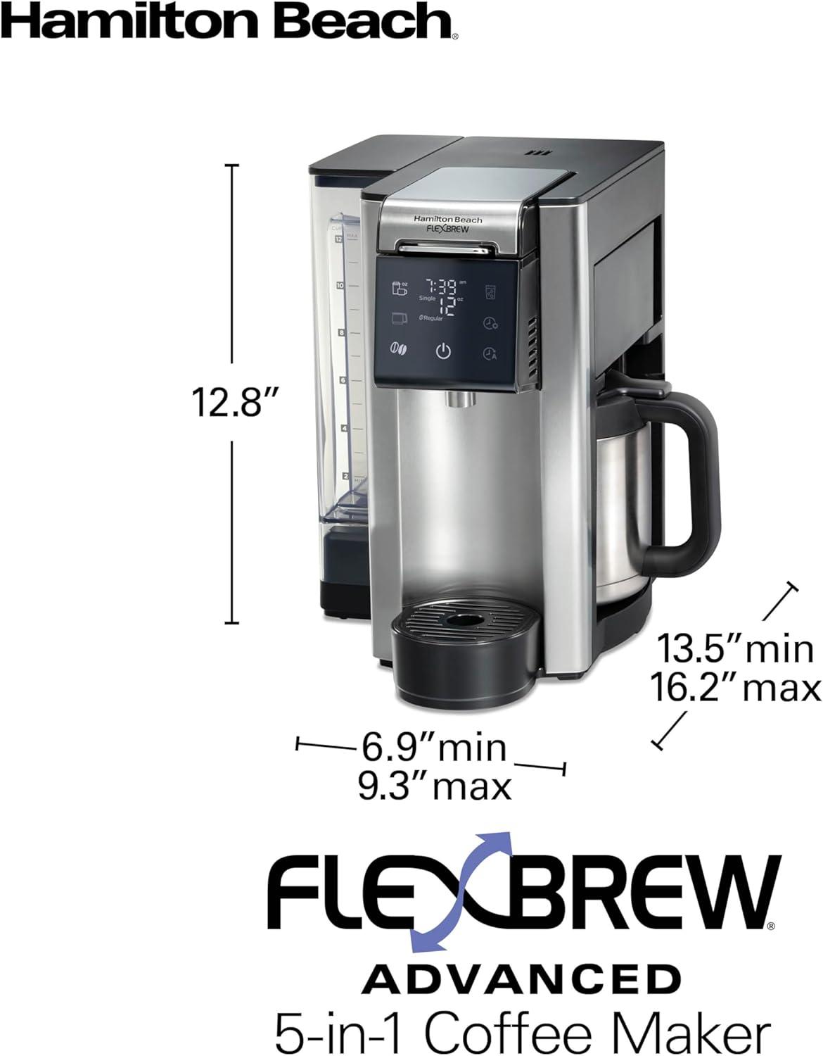 imageHamilton Beach FlexBrew Advanced 5in1 Thermal Programmable 12 Cup Drip and Single Serve Hot amp Iced Coffee Maker Movable 60oz Water Reservoir Use Pod Packs and Grounds Fast Brewing Black 49929