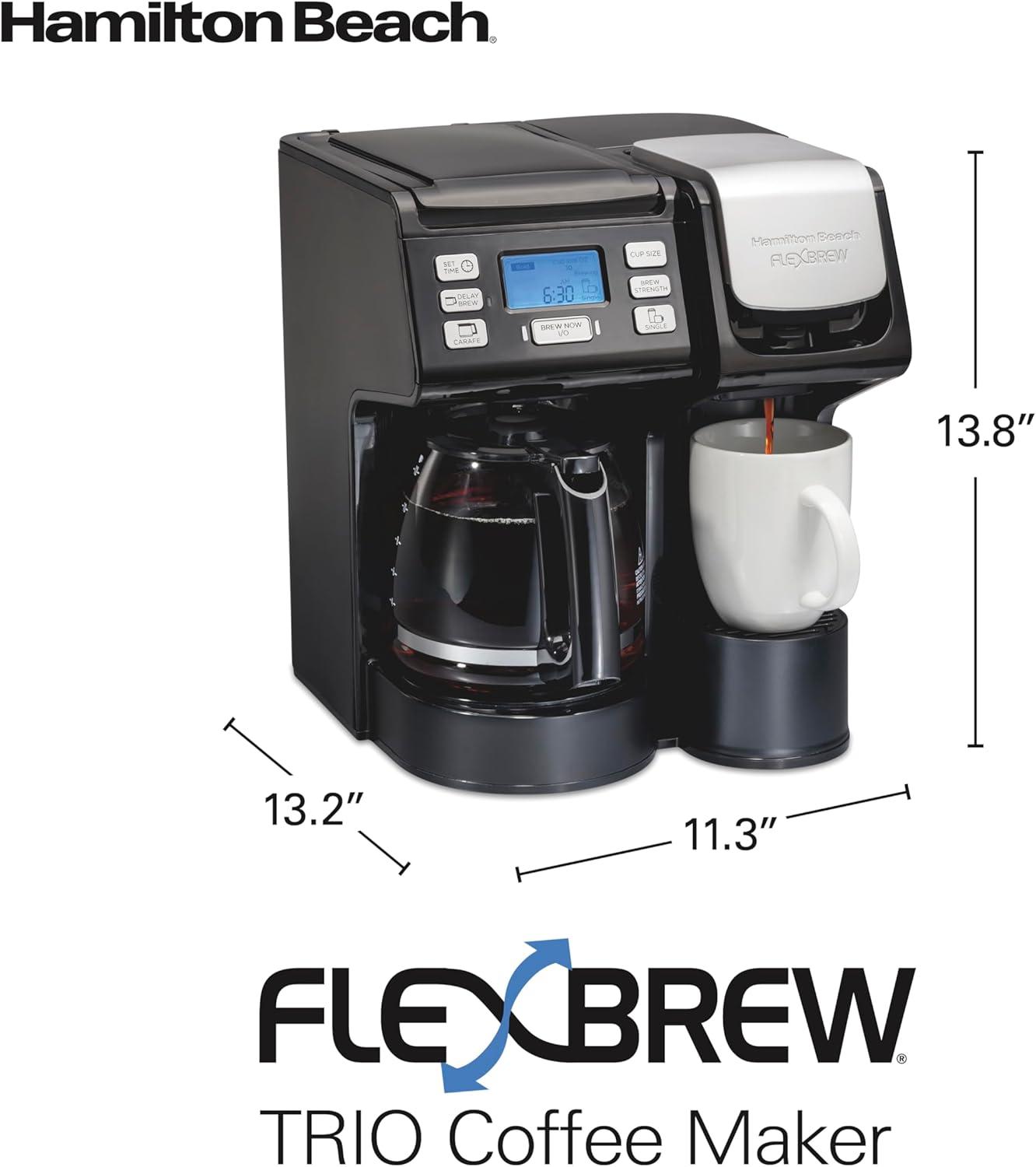 imageHamilton Beach FlexBrew Trio 2Way Coffee Maker Compatible with KCup Pods or Grounds Combo Single Serve amp Full 12c Pot Black Fast Brewing Refurbished R49934