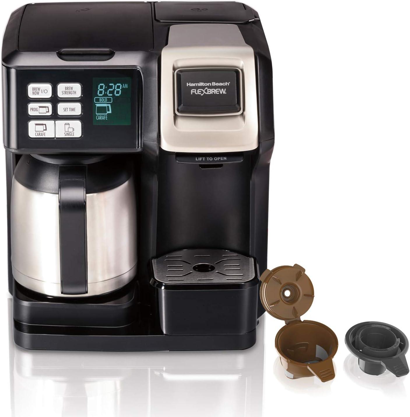 imageHamilton Beach FlexBrew Trio 2Way Coffee Maker Compatible with KCup Pods or Grounds Combo Single Serve amp Full 12c Thermal Pot Black and Stainless Fast Brewing10 Cups