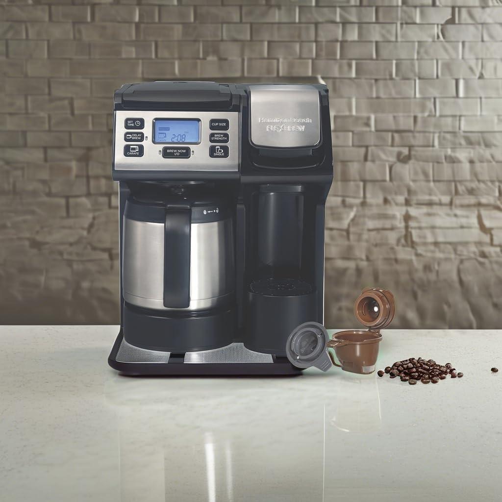 imageHamilton Beach FlexBrew Trio 2Way Coffee Maker Compatible with KCup Pods or Grounds Combo Single Serve amp Full 12c Thermal Pot Black and Stainless Fast Brewing12 Cups