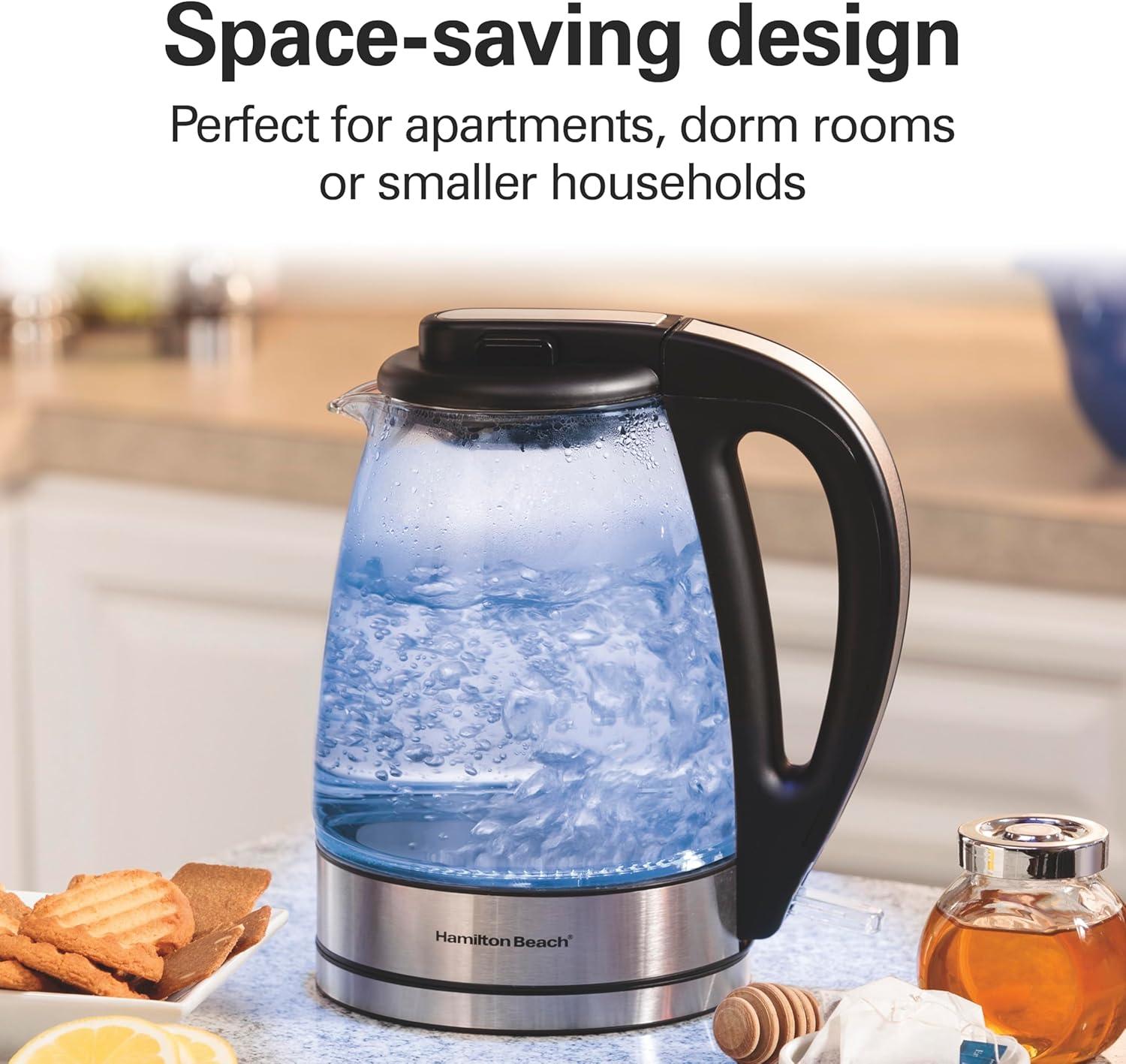 imageHamilton Beach Glass Electric Tea Kettle Water Boiler amp Heater 1 Liter 1500 Watts for Fast Boiling BPA Free Cordless Serving AutoShutoff amp BoilDry Protection Soft Blue LED 4093011 Quarts
