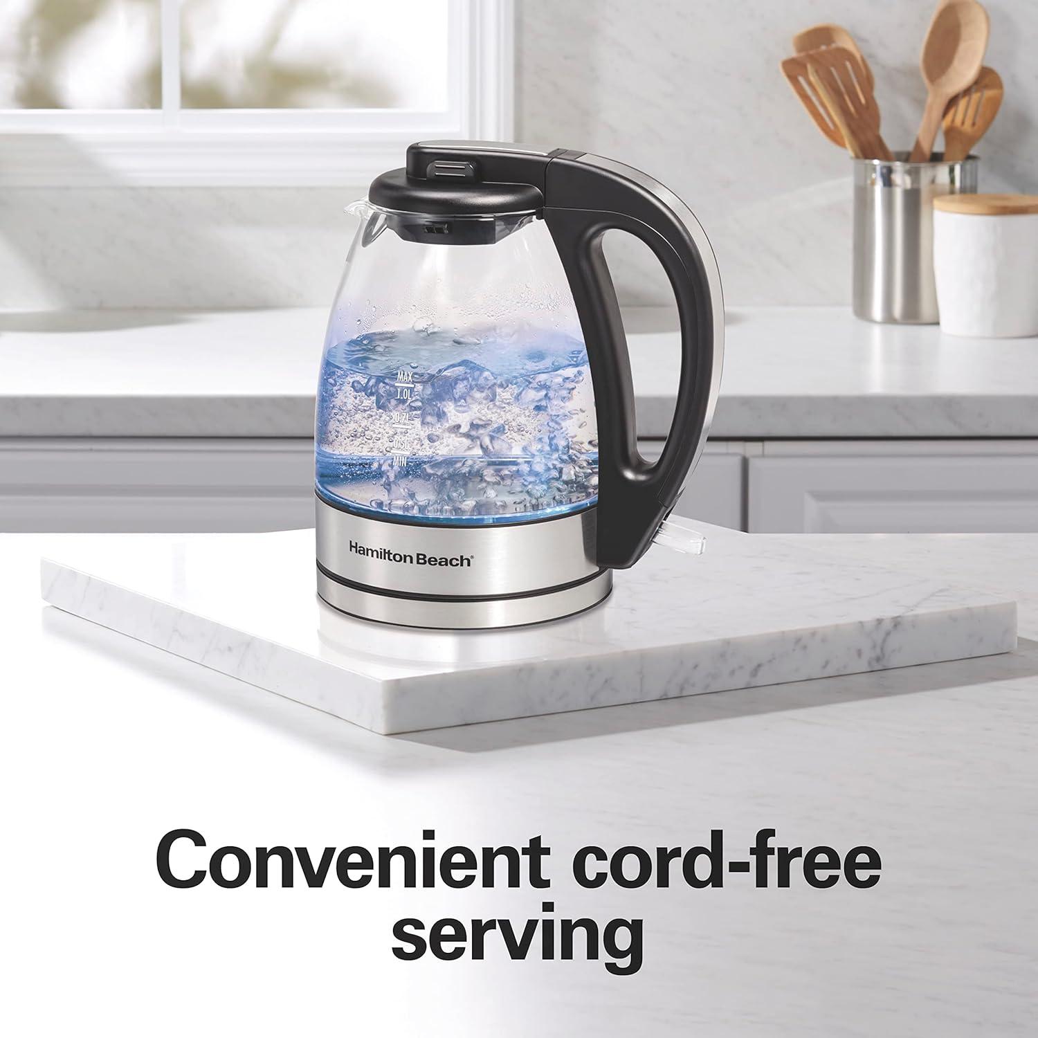 imageHamilton Beach Glass Electric Tea Kettle Water Boiler amp Heater 1 Liter 1500 Watts for Fast Boiling BPA Free Cordless Serving AutoShutoff amp BoilDry Protection Soft Blue LED 4093011 Quarts
