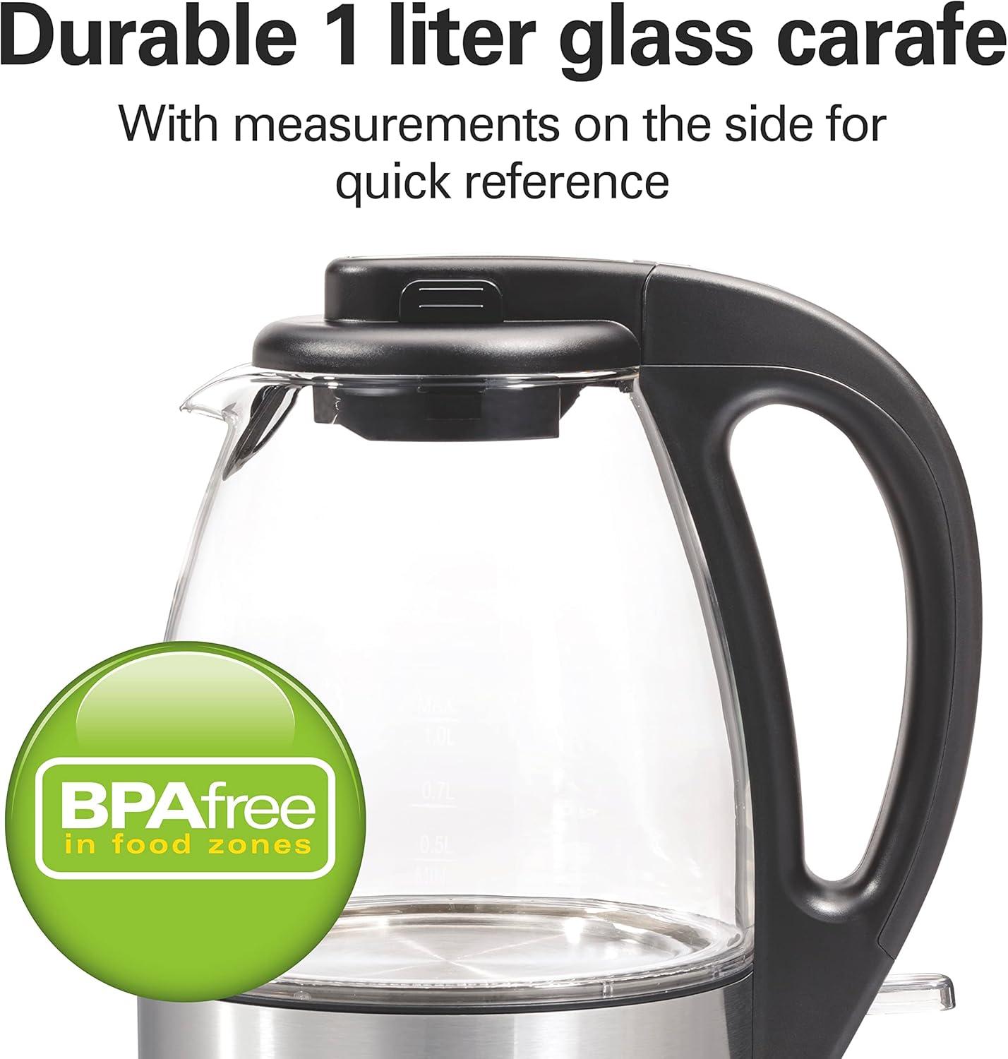 imageHamilton Beach Glass Electric Tea Kettle Water Boiler amp Heater 1 Liter 1500 Watts for Fast Boiling BPA Free Cordless Serving AutoShutoff amp BoilDry Protection Soft Blue LED 4093011 Quarts