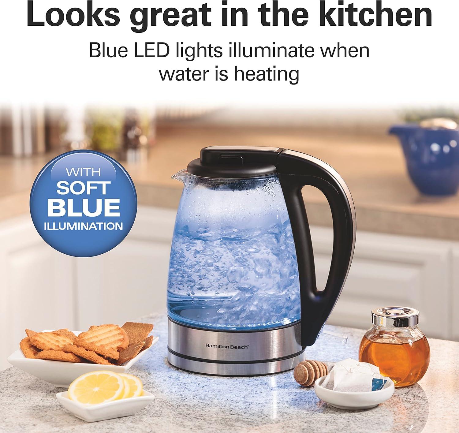 imageHamilton Beach Glass Electric Tea Kettle Water Boiler amp Heater 1 Liter 1500 Watts for Fast Boiling BPA Free Cordless Serving AutoShutoff amp BoilDry Protection Soft Blue LED 4093011 Quarts