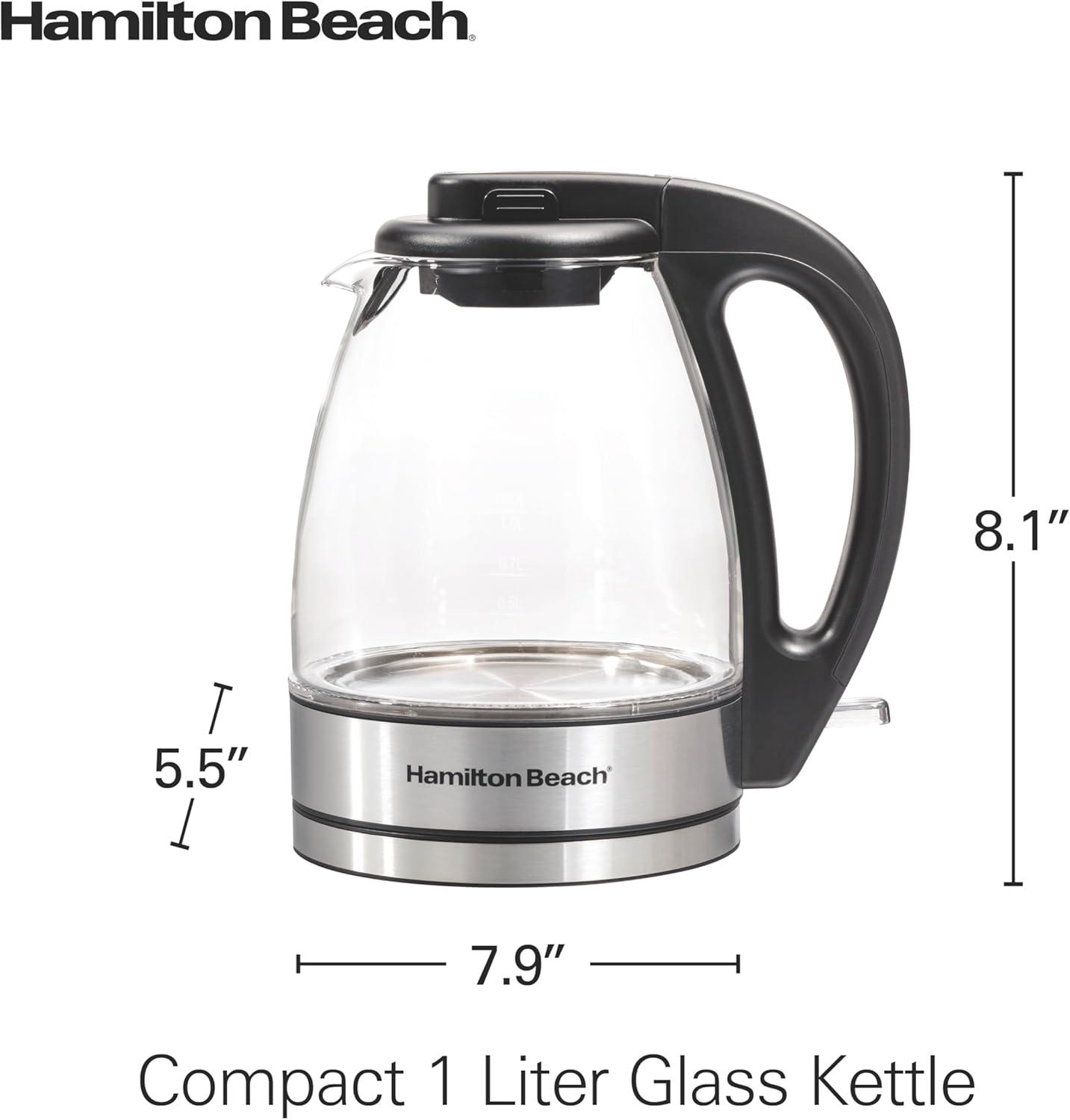 imageHamilton Beach Glass Electric Tea Kettle Water Boiler amp Heater 1 Liter 1500 Watts for Fast Boiling BPA Free Cordless Serving AutoShutoff amp BoilDry Protection Soft Blue LED 4093011 Quarts