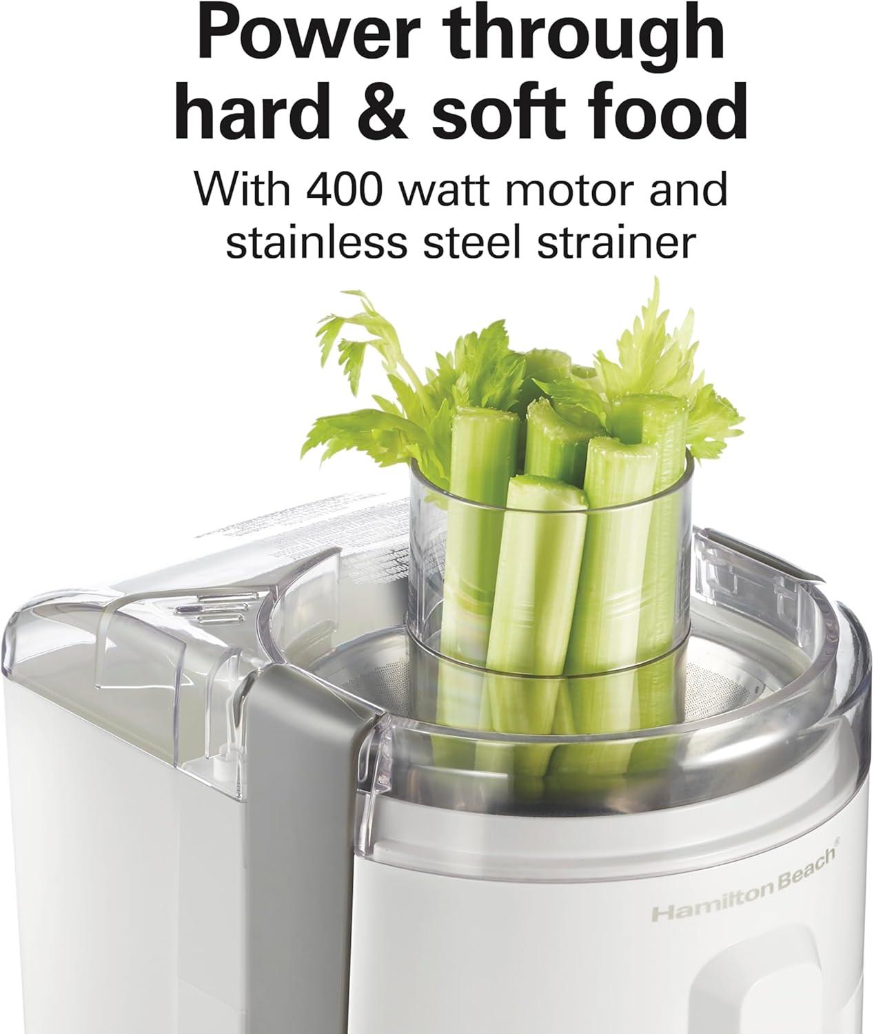 imageHamilton Beach HealthSmart Juicer Machine Compact Centrifugal Extractor 24 Feed Chute for Fruits and Vegetables Easy to Clean BPA Free 400W White 67501White