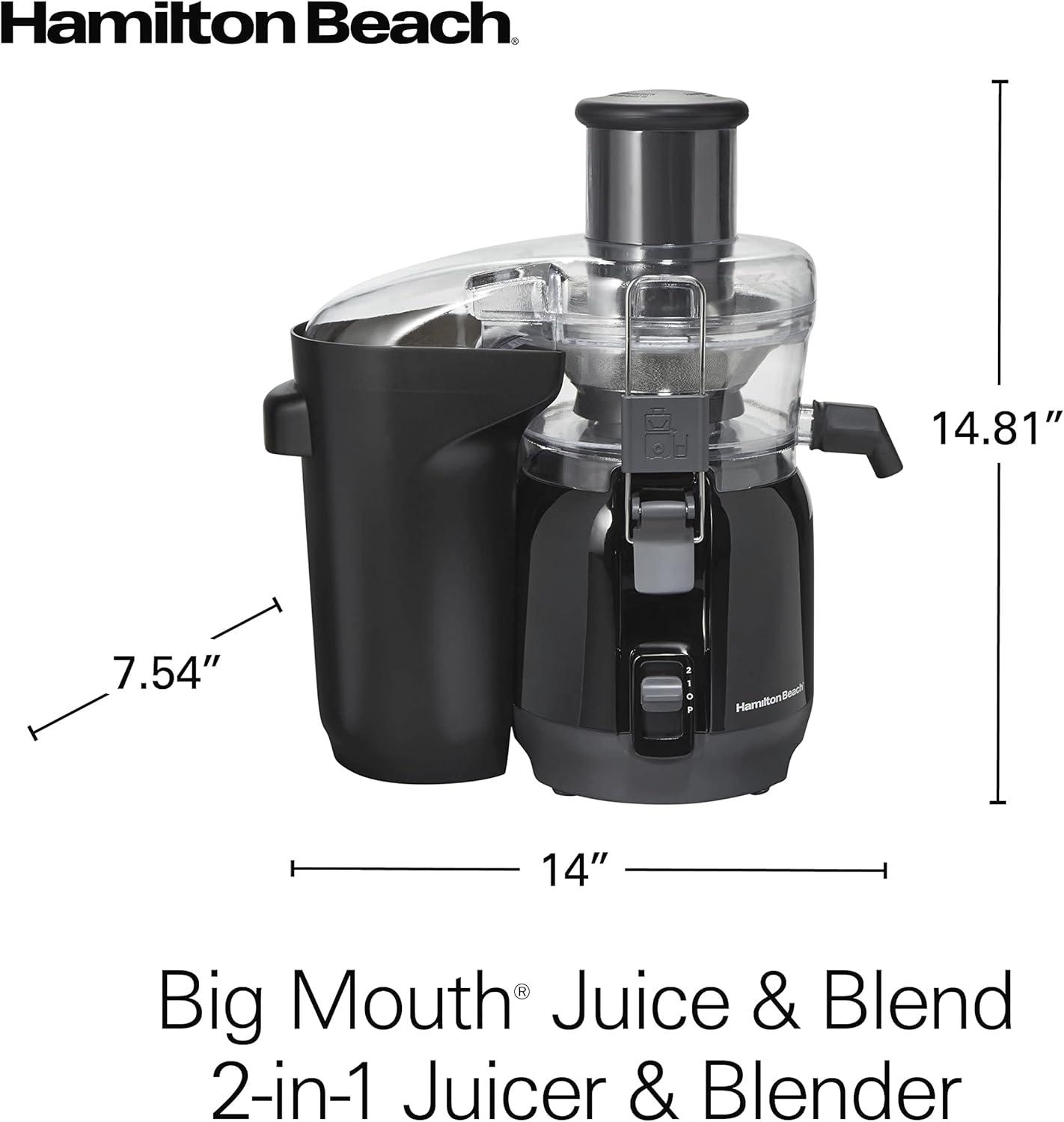 imageHamilton Beach Juice amp Blend 2in1 Juicer Machine and 20 oz Blender Big Mouth Large 3 Feed Chute for Whole Fruits and Vegetables Easy to Clean Centrifugal Extractor 800W Motor Black 67970