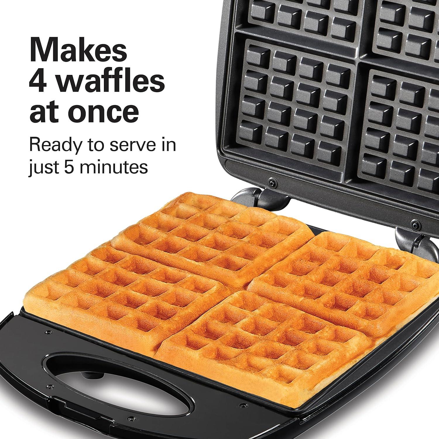 imageHamilton Beach NonStick Belgian Waffle Maker with Indicator Lights Makes 4 4 x 5 Mini Waffles Hashbrowns or Keto Chaffles at Once Compact Design for Easy Storage Black amp Stainless Steel 260204Slice