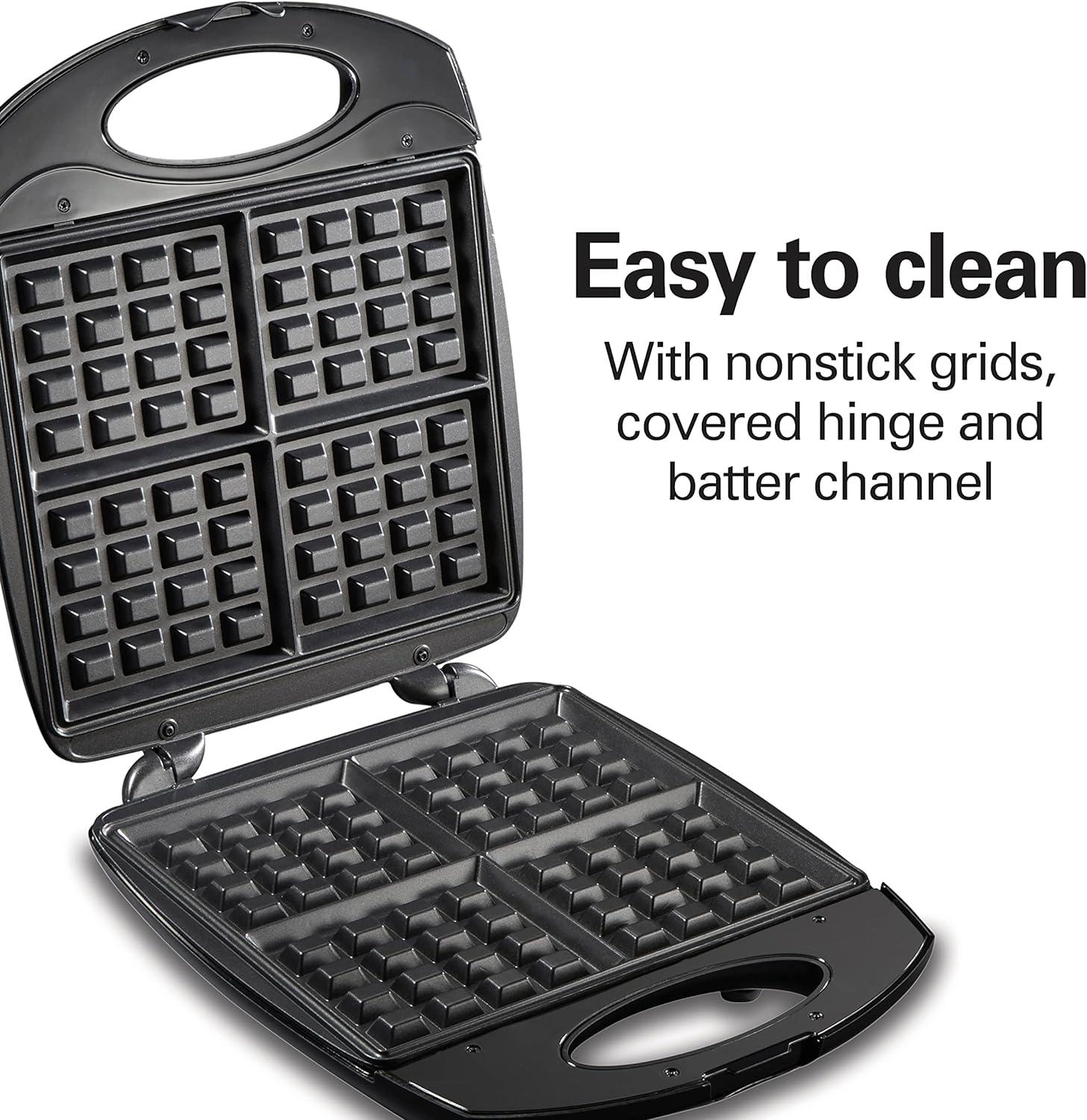 imageHamilton Beach NonStick Belgian Waffle Maker with Indicator Lights Makes 4 4 x 5 Mini Waffles Hashbrowns or Keto Chaffles at Once Compact Design for Easy Storage Black amp Stainless Steel 260204Slice