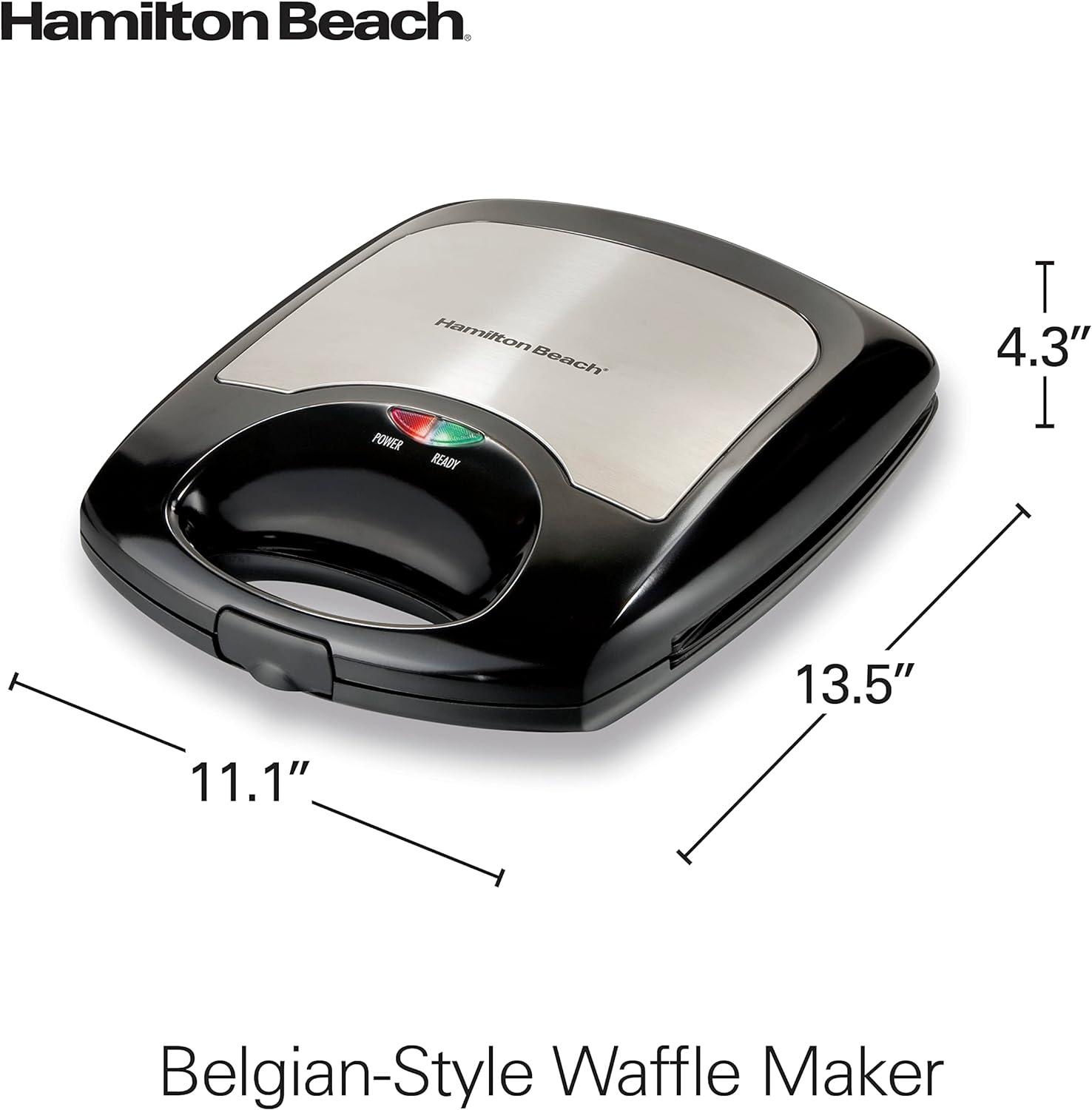 imageHamilton Beach NonStick Belgian Waffle Maker with Indicator Lights Makes 4 4 x 5 Mini Waffles Hashbrowns or Keto Chaffles at Once Compact Design for Easy Storage Black amp Stainless Steel 260204Slice