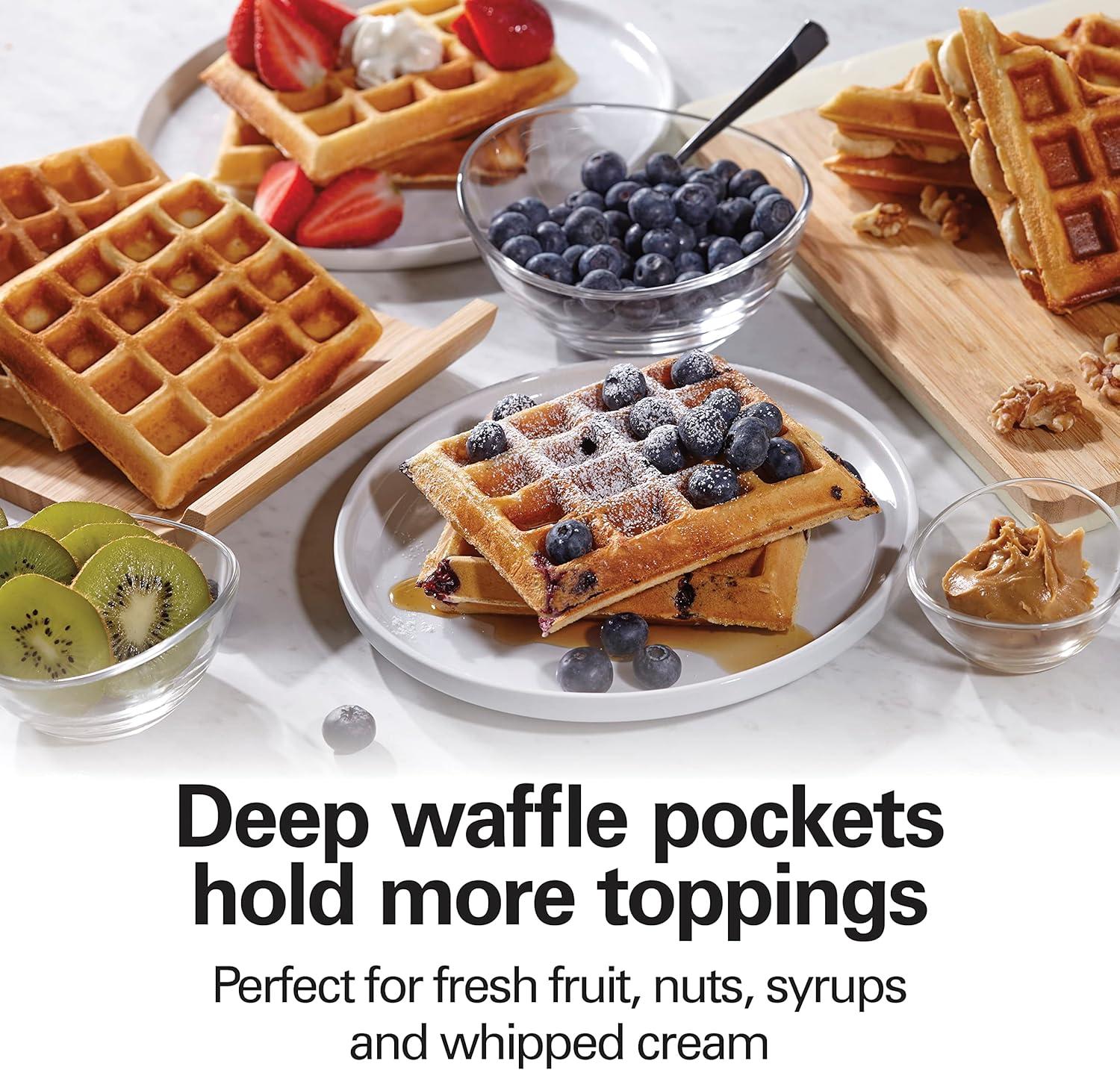 imageHamilton Beach NonStick Belgian Waffle Maker with Indicator Lights Makes 4 4 x 5 Mini Waffles Hashbrowns or Keto Chaffles at Once Compact Design for Easy Storage Black amp Stainless Steel 260204Slice