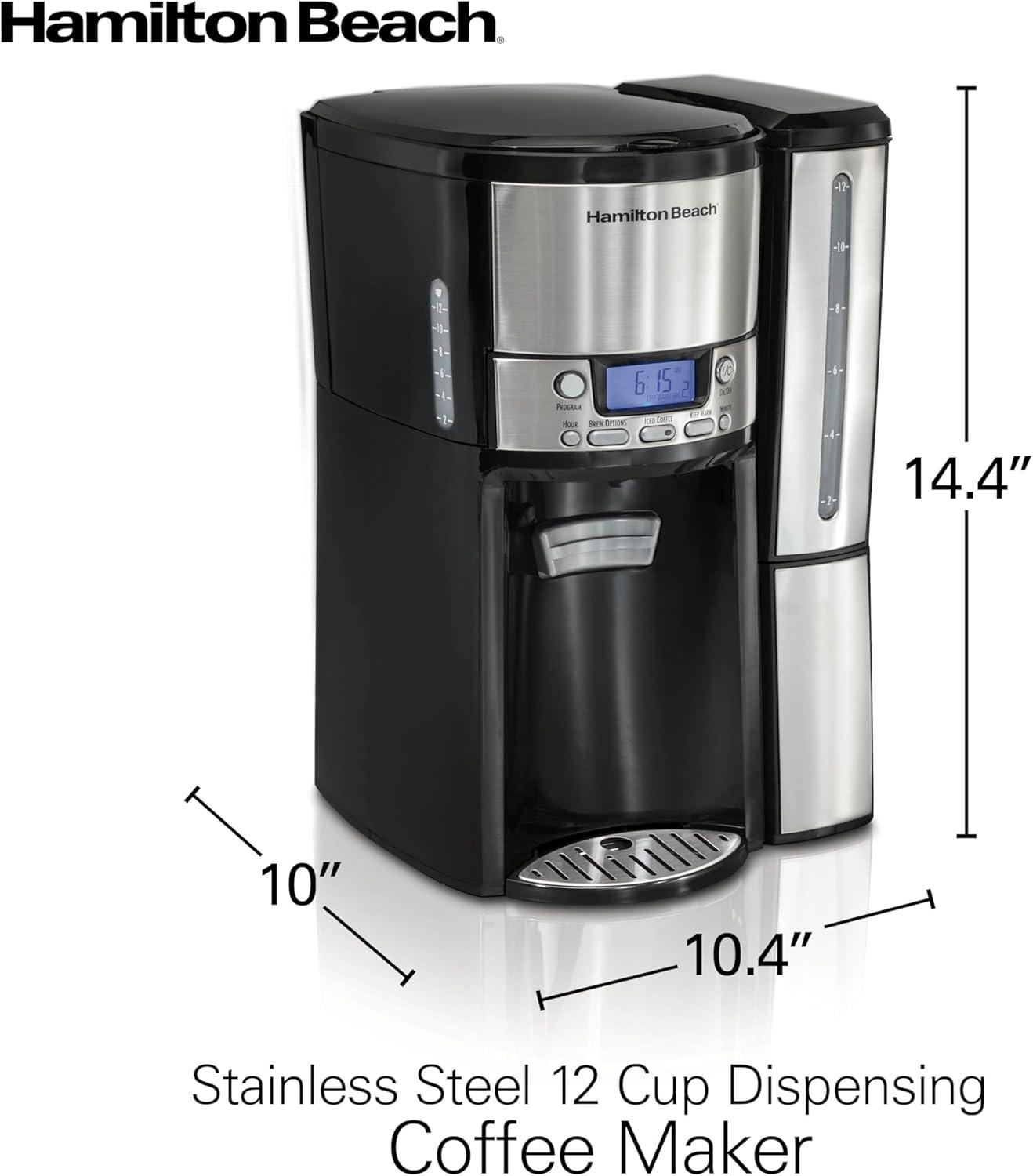 imageHamilton Beach One Press Programmable Dispensing 12 Cup Coffee Maker with Internal Coffee Pot Stays Warm and Fresh for Hours 60 oz Removable Reservoir Black amp Stainless Steel 47950Black and Silver