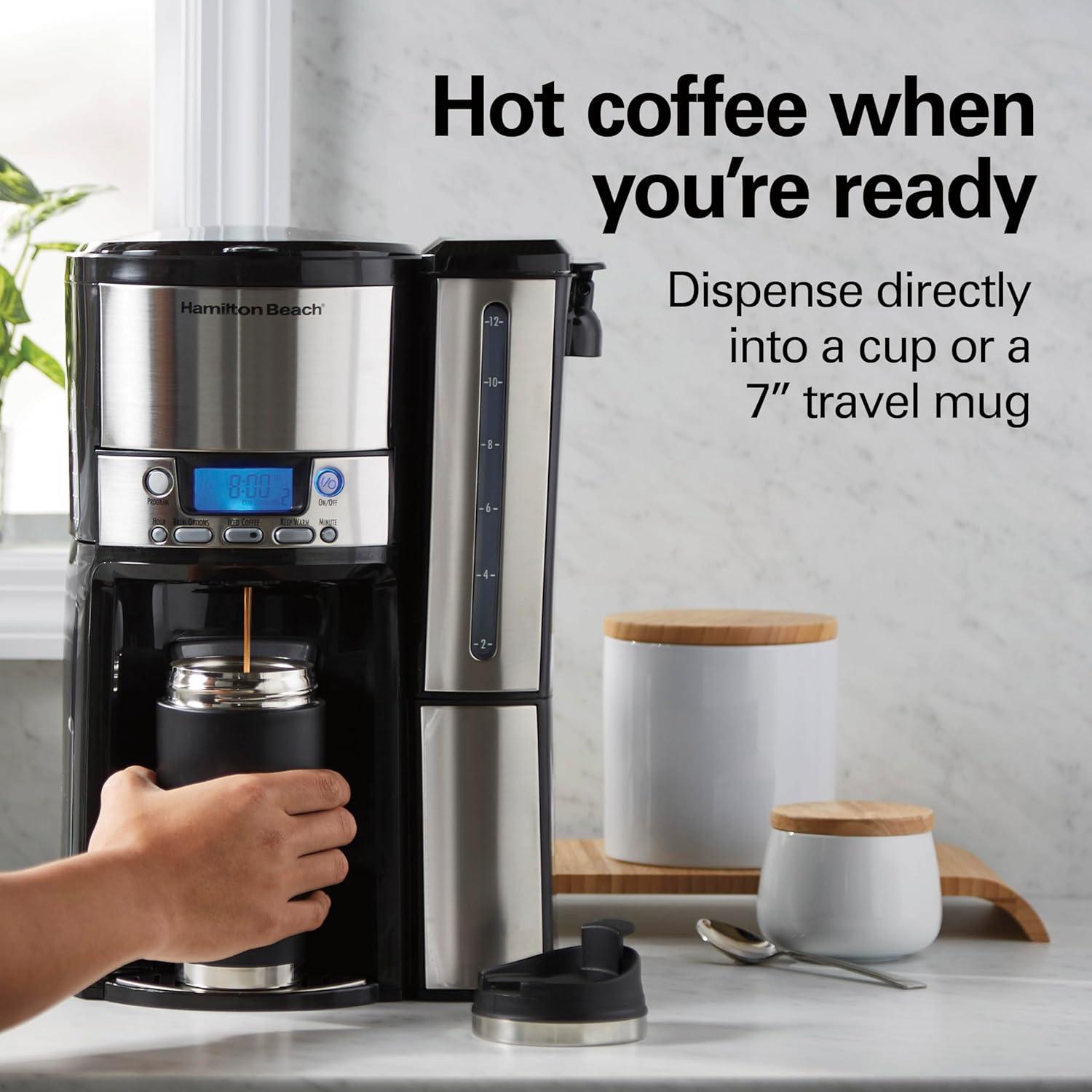 imageHamilton Beach One Press Programmable Dispensing 12 Cup Coffee Maker with Internal Coffee Pot Stays Warm and Fresh for Hours 60 oz Removable Reservoir Black amp Stainless Steel 47950Black and Silver