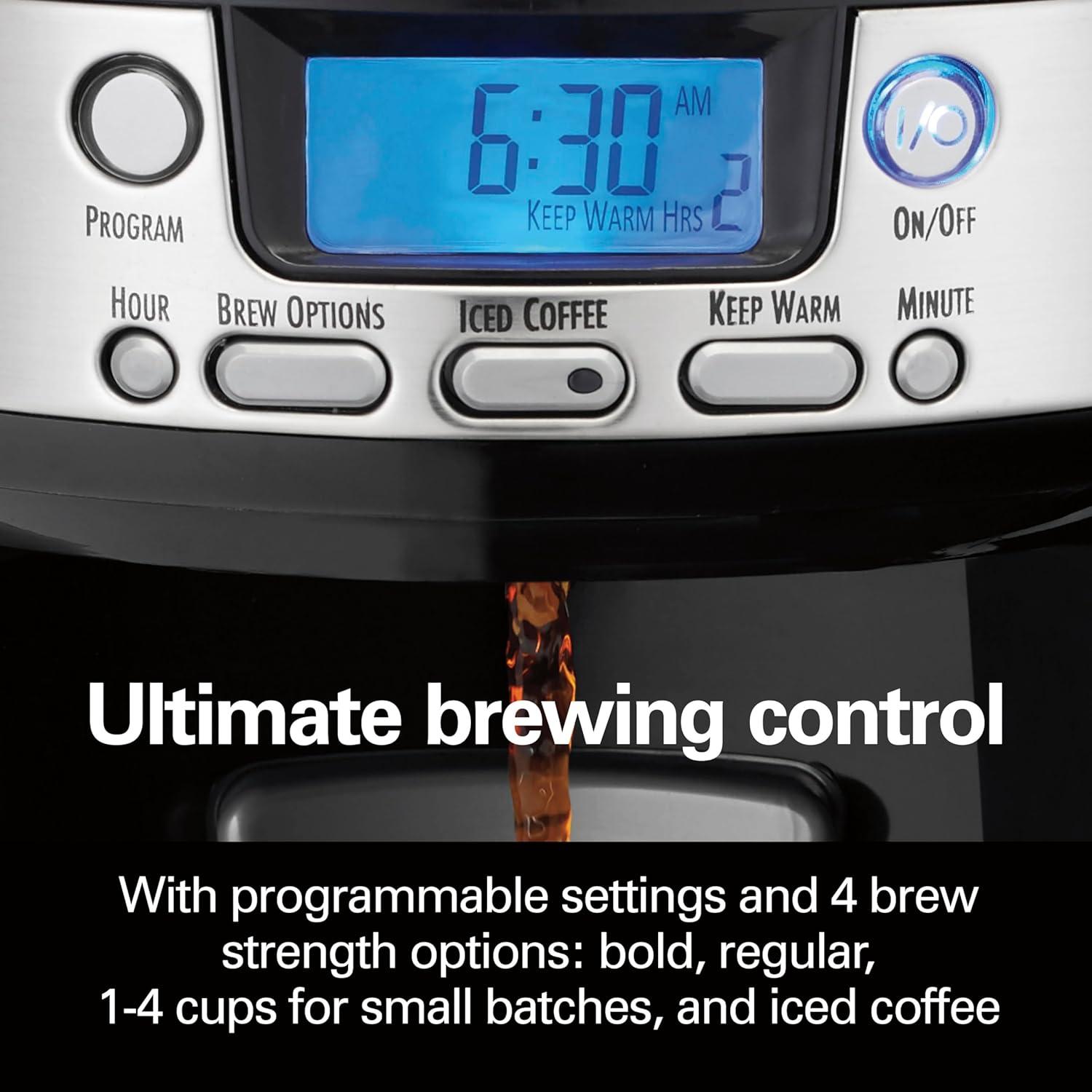 imageHamilton Beach One Press Programmable Dispensing 12 Cup Coffee Maker with Internal Coffee Pot Stays Warm and Fresh for Hours 60 oz Removable Reservoir Black amp Stainless Steel 47950Black and Silver