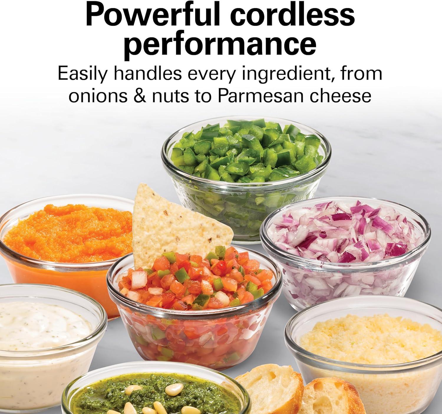 imageHamilton Beach Powerful Cordless Mini Food Processor and Vegetable Chopper 4 Cup Capacity Fast Recharging Includes Power Adapter Chop Puree Emulsify Grind Dishwasher Safe Bowl Black 72880