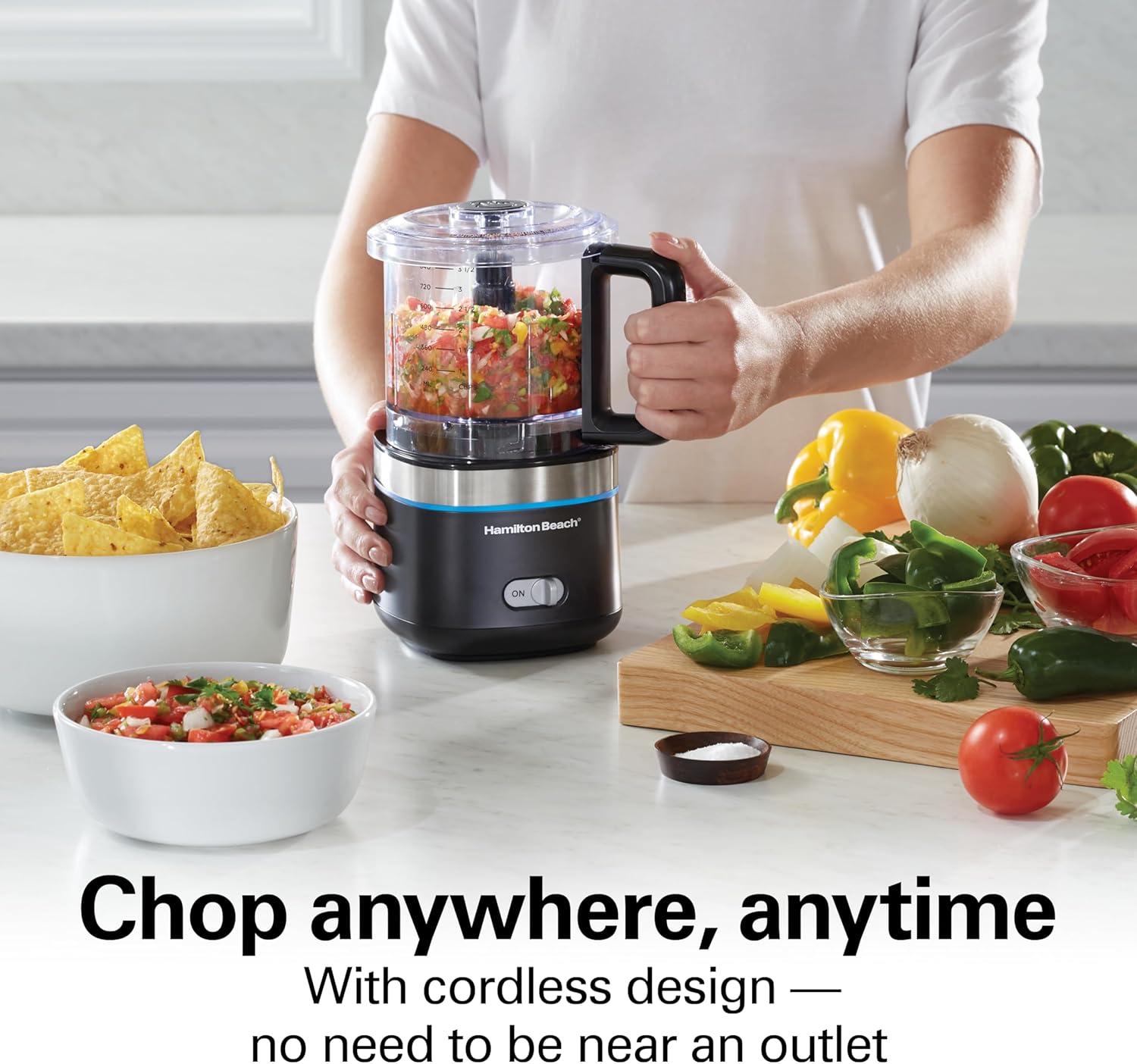 imageHamilton Beach Powerful Cordless Mini Food Processor and Vegetable Chopper 4 Cup Capacity Fast Recharging Includes Power Adapter Chop Puree Emulsify Grind Dishwasher Safe Bowl Black 72880