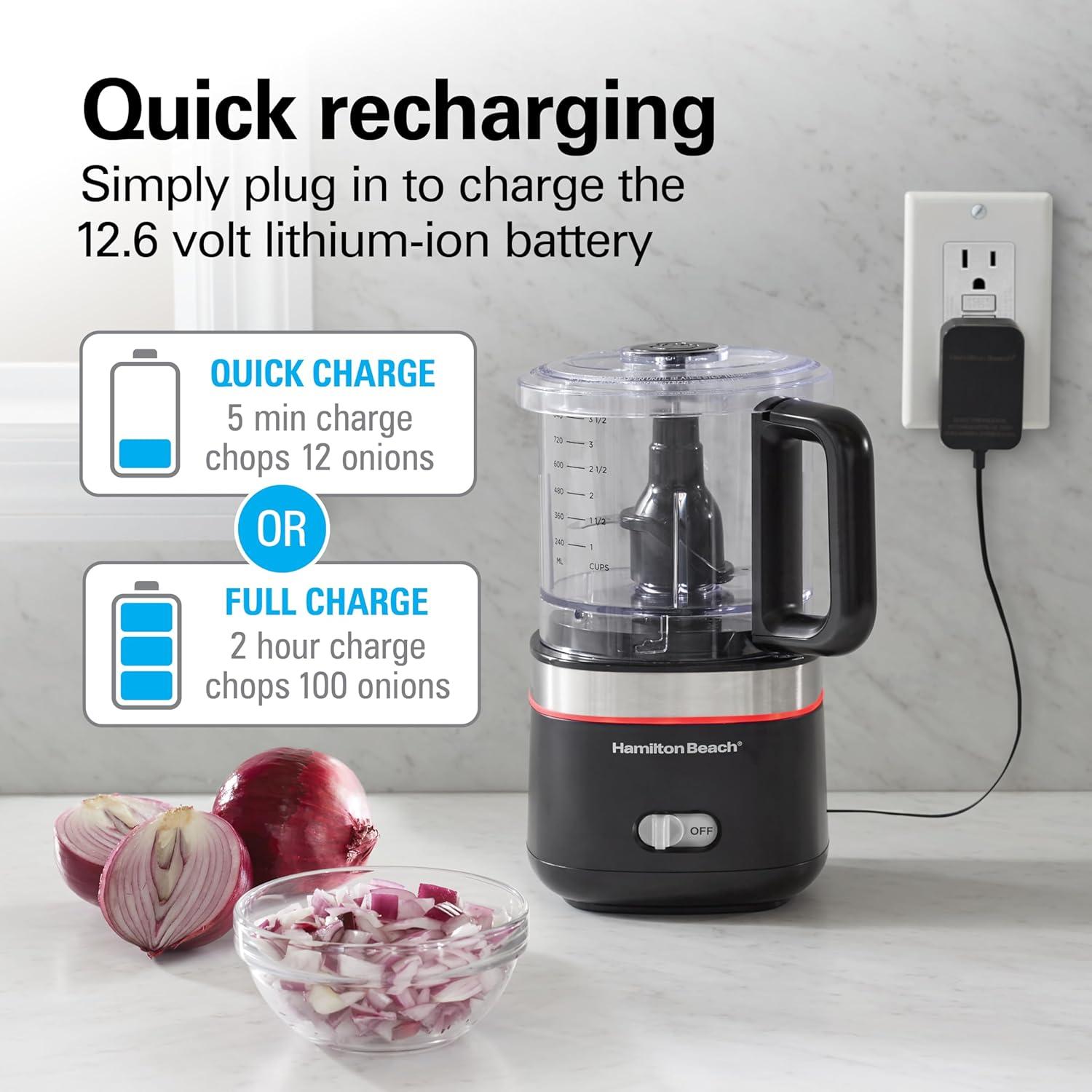 imageHamilton Beach Powerful Cordless Mini Food Processor and Vegetable Chopper 4 Cup Capacity Fast Recharging Includes Power Adapter Chop Puree Emulsify Grind Dishwasher Safe Bowl Black 72880