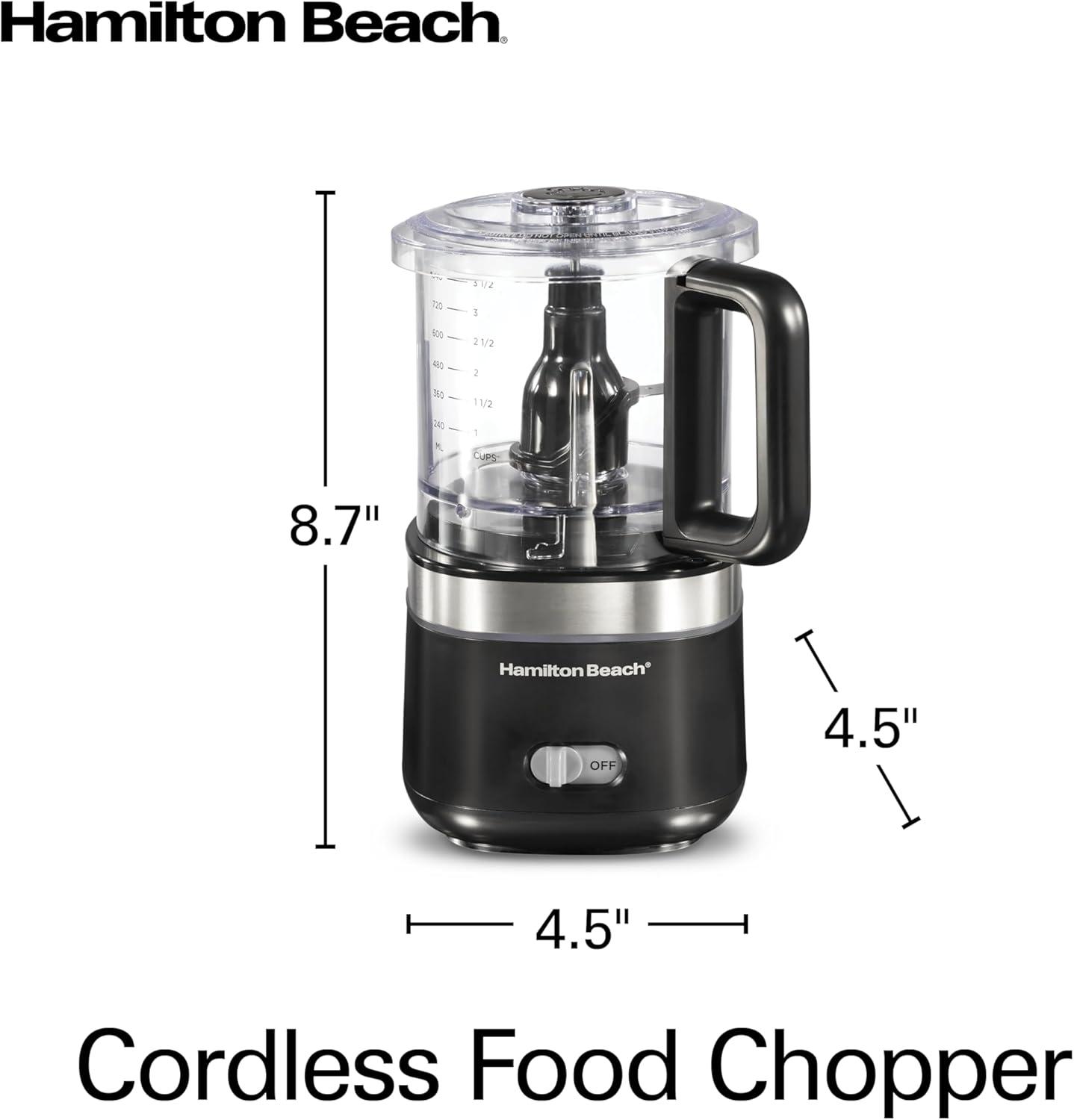 imageHamilton Beach Powerful Cordless Mini Food Processor and Vegetable Chopper 4 Cup Capacity Fast Recharging Includes Power Adapter Chop Puree Emulsify Grind Dishwasher Safe Bowl Black 72880