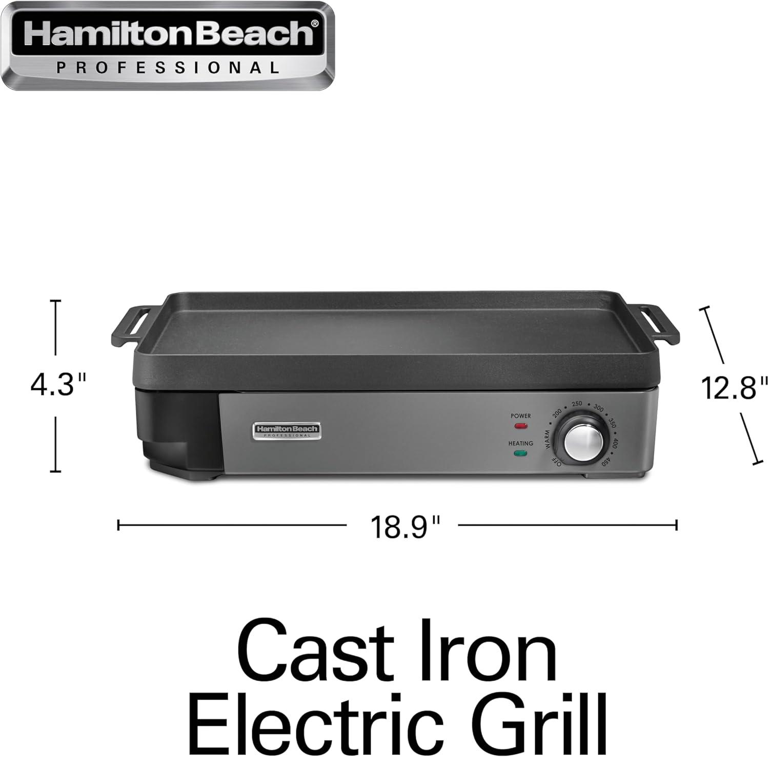 imageHamilton Beach Professional Cast Iron Indoor Electric Grill amp Griddle 10 x 16 Preseasoned Cooking Surface Adjustable Temperature up to 450 F Black 38560