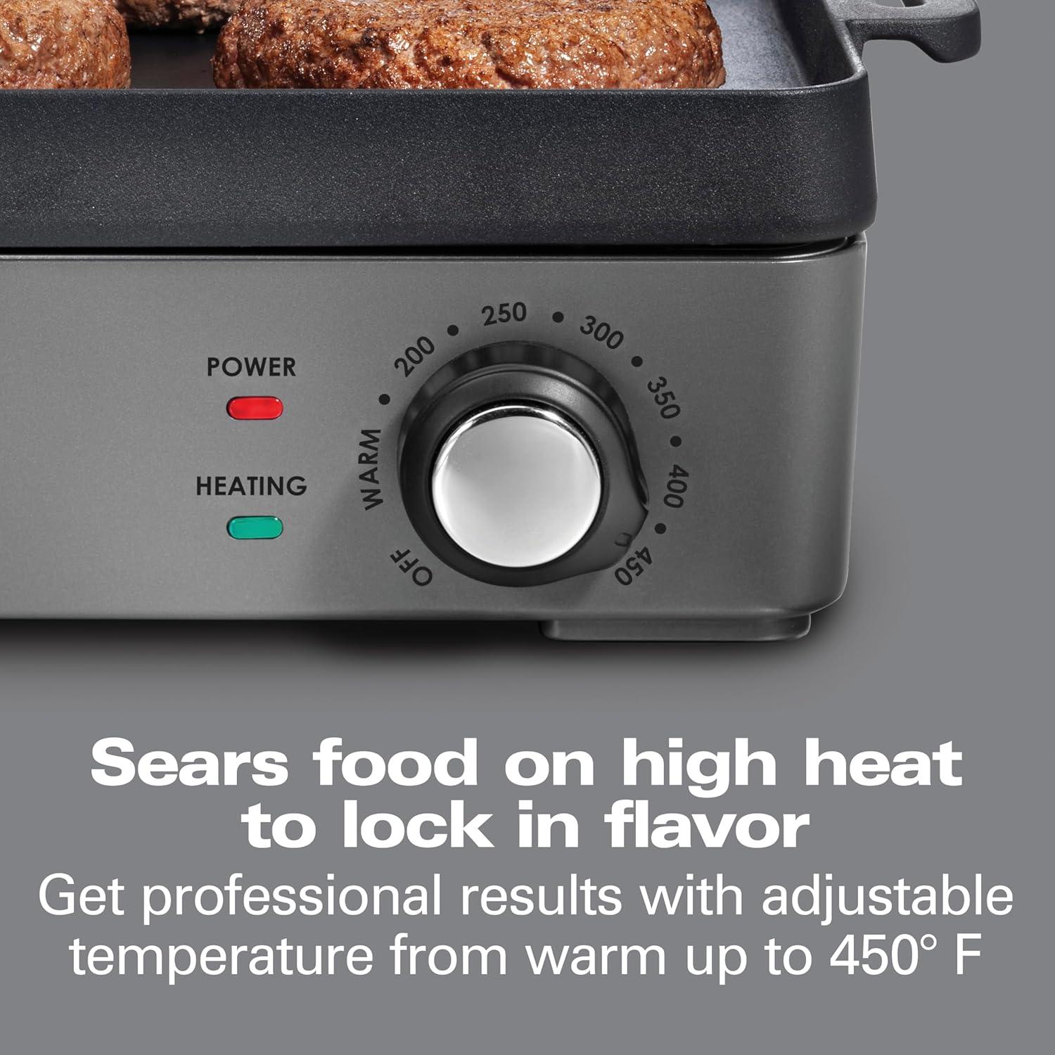 imageHamilton Beach Professional Cast Iron Indoor Electric Grill amp Griddle 10 x 16 Preseasoned Cooking Surface Adjustable Temperature up to 450 F Black 38560