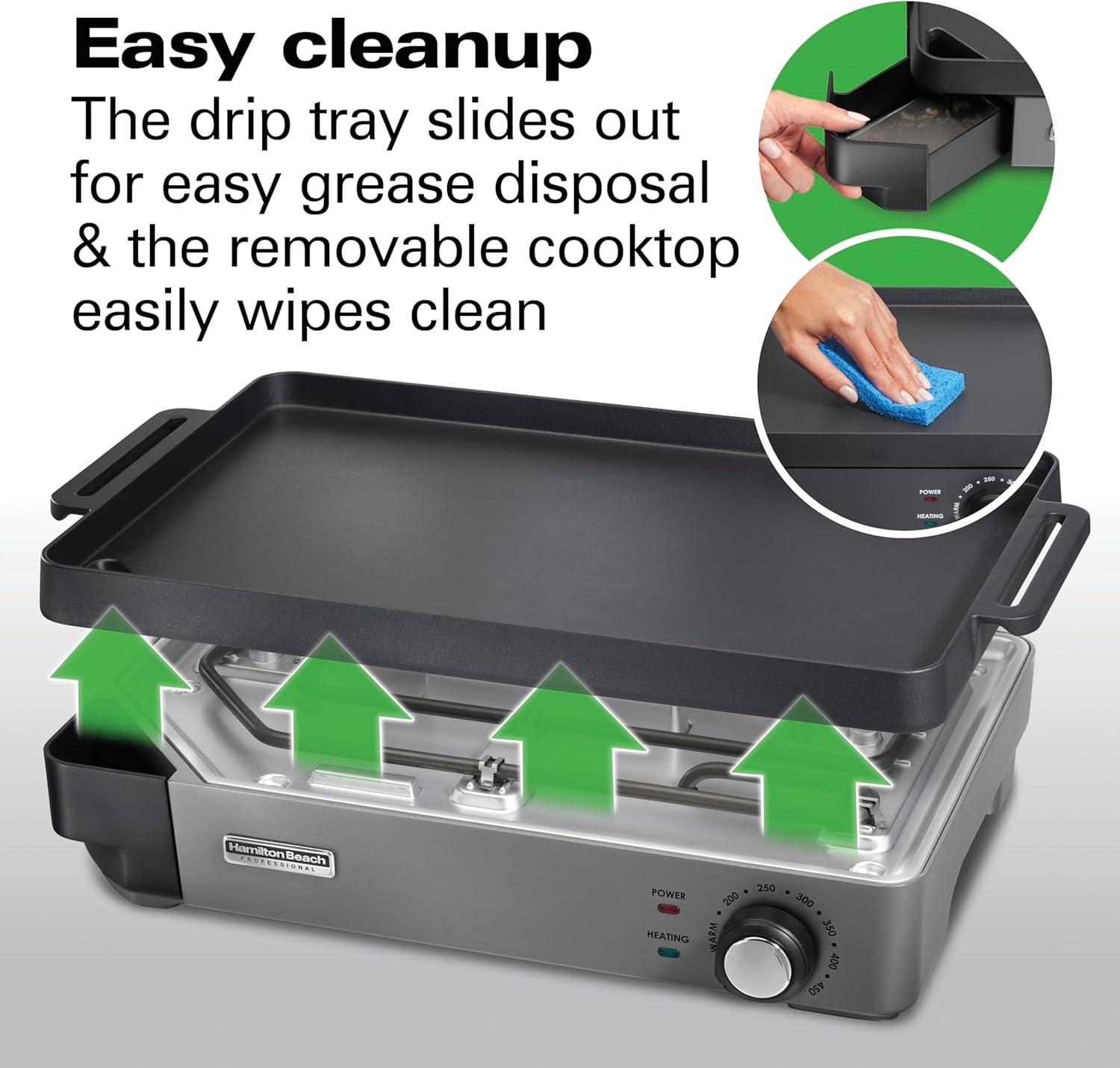 imageHamilton Beach Professional Cast Iron Indoor Electric Grill amp Griddle 10 x 16 Preseasoned Cooking Surface Adjustable Temperature up to 450 F Black 38560