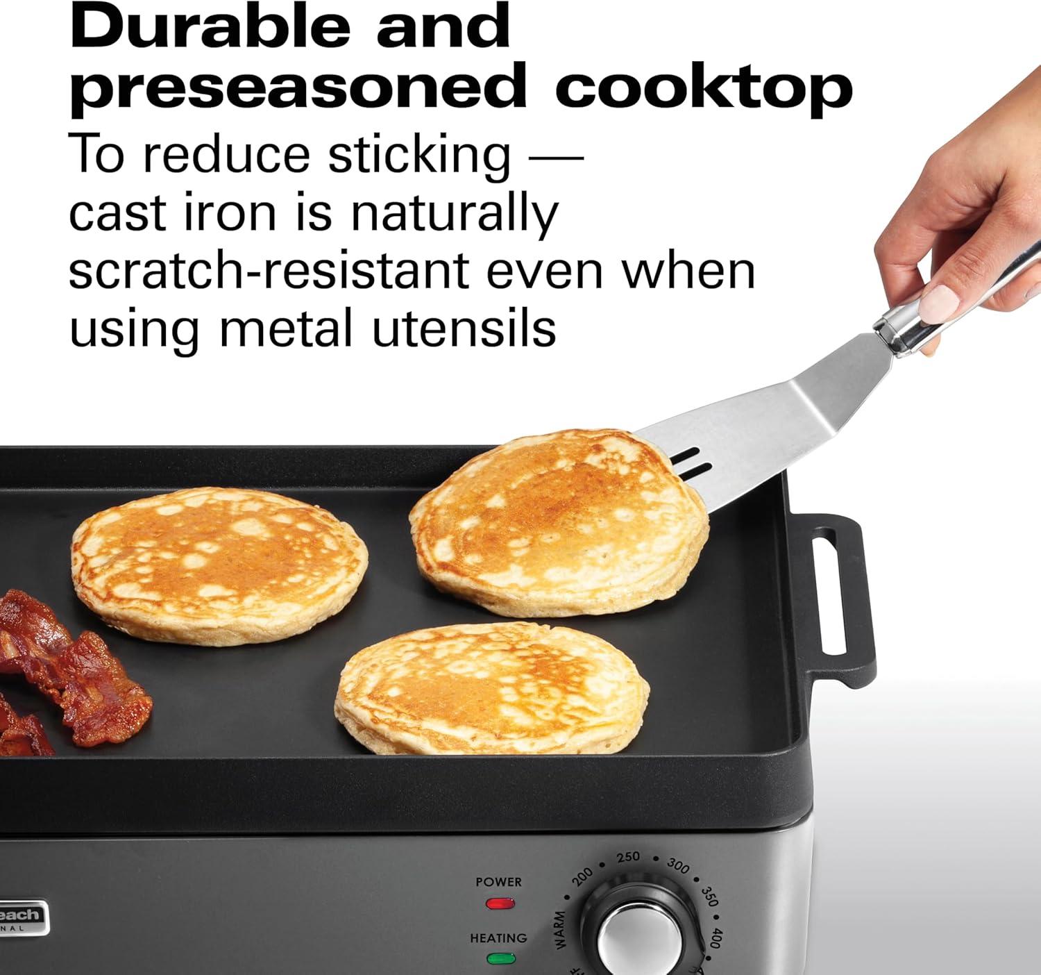 imageHamilton Beach Professional Cast Iron Indoor Electric Grill amp Griddle 10 x 16 Preseasoned Cooking Surface Adjustable Temperature up to 450 F Black 38560