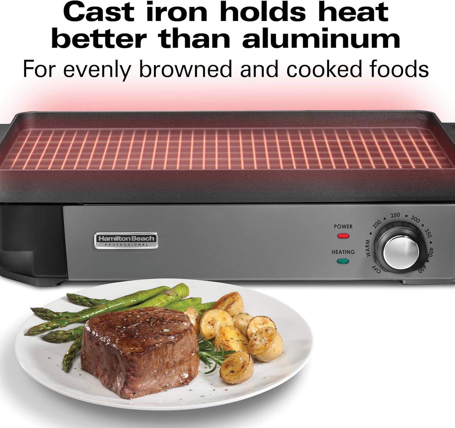 imageHamilton Beach Professional Cast Iron Indoor Electric Grill amp Griddle 10 x 16 Preseasoned Cooking Surface Adjustable Temperature up to 450 F Black 38560