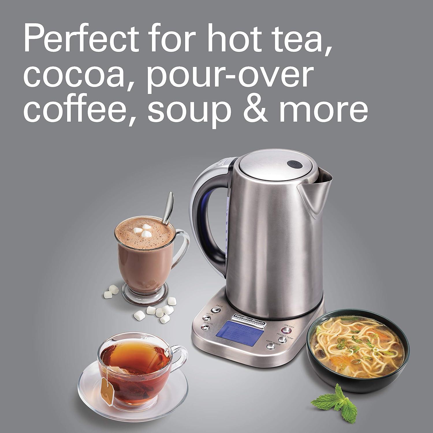 imageHamilton Beach Professional Digital LCD Temperature Control Electric Tea Kettle Water Boiler amp Heater 17 Liter Fast Boiling 1500 Watts Cordless AutoShutoff amp BoilDry Protection Silver 41028