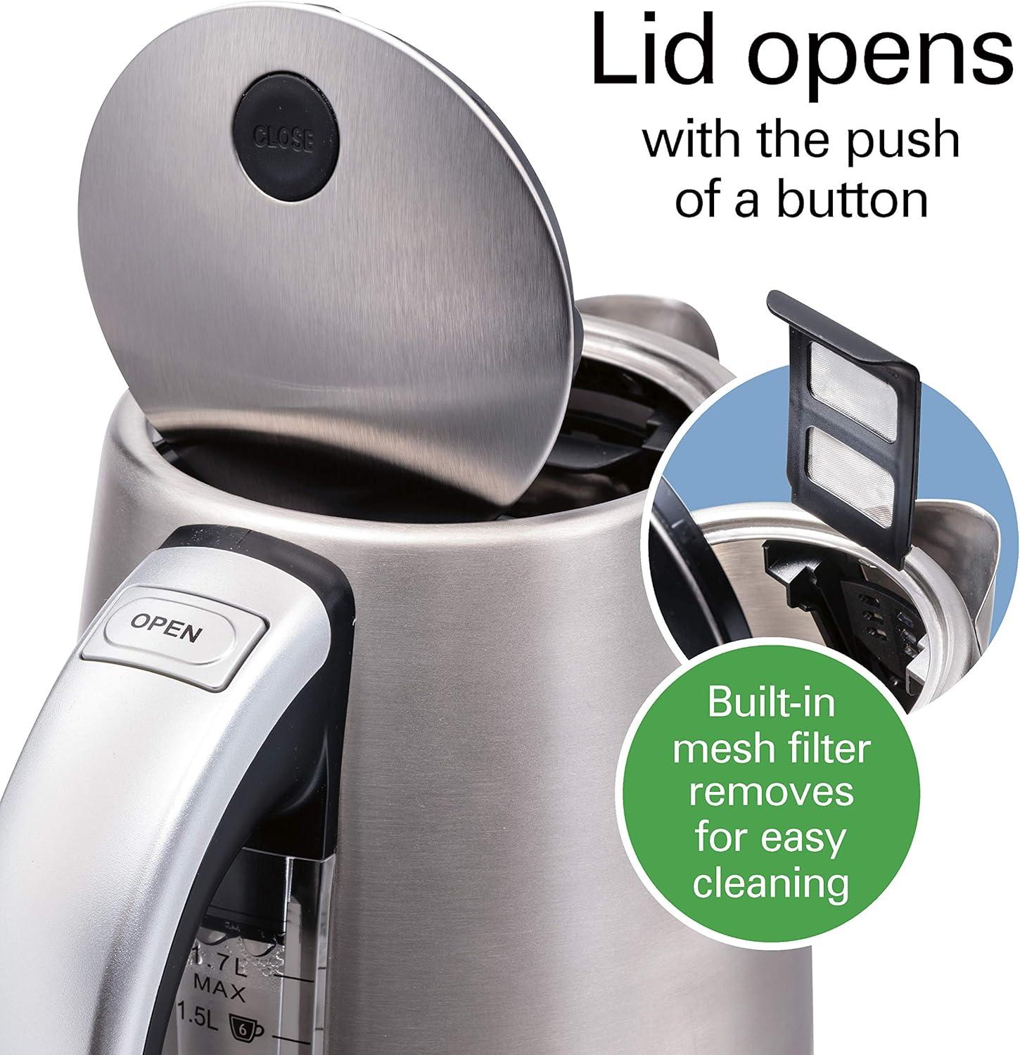 imageHamilton Beach Professional Digital LCD Temperature Control Electric Tea Kettle Water Boiler amp Heater 17 Liter Fast Boiling 1500 Watts Cordless AutoShutoff amp BoilDry Protection Silver 41028