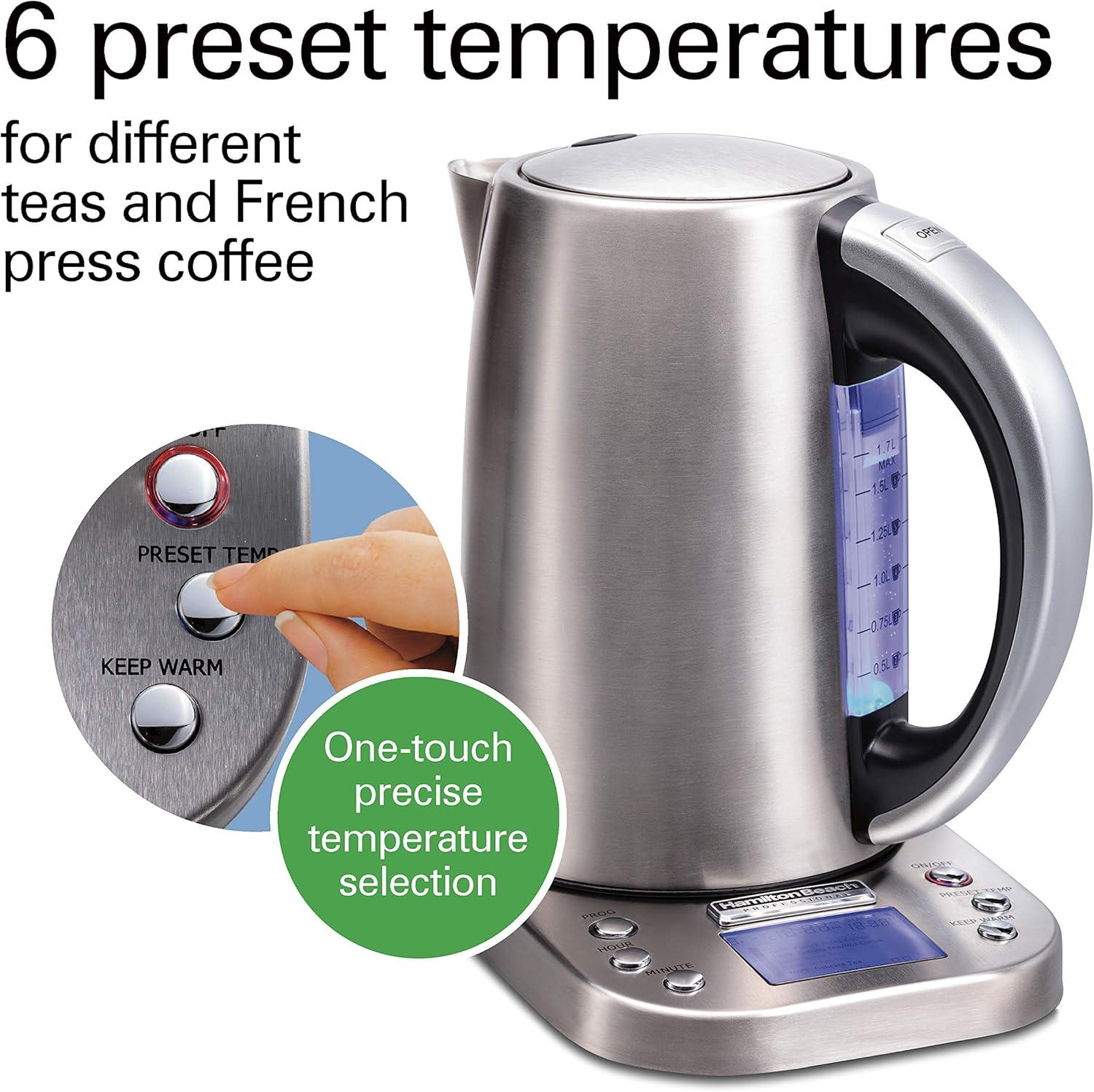 imageHamilton Beach Professional Digital LCD Temperature Control Electric Tea Kettle Water Boiler amp Heater 17 Liter Fast Boiling 1500 Watts Cordless AutoShutoff amp BoilDry Protection Silver 41028